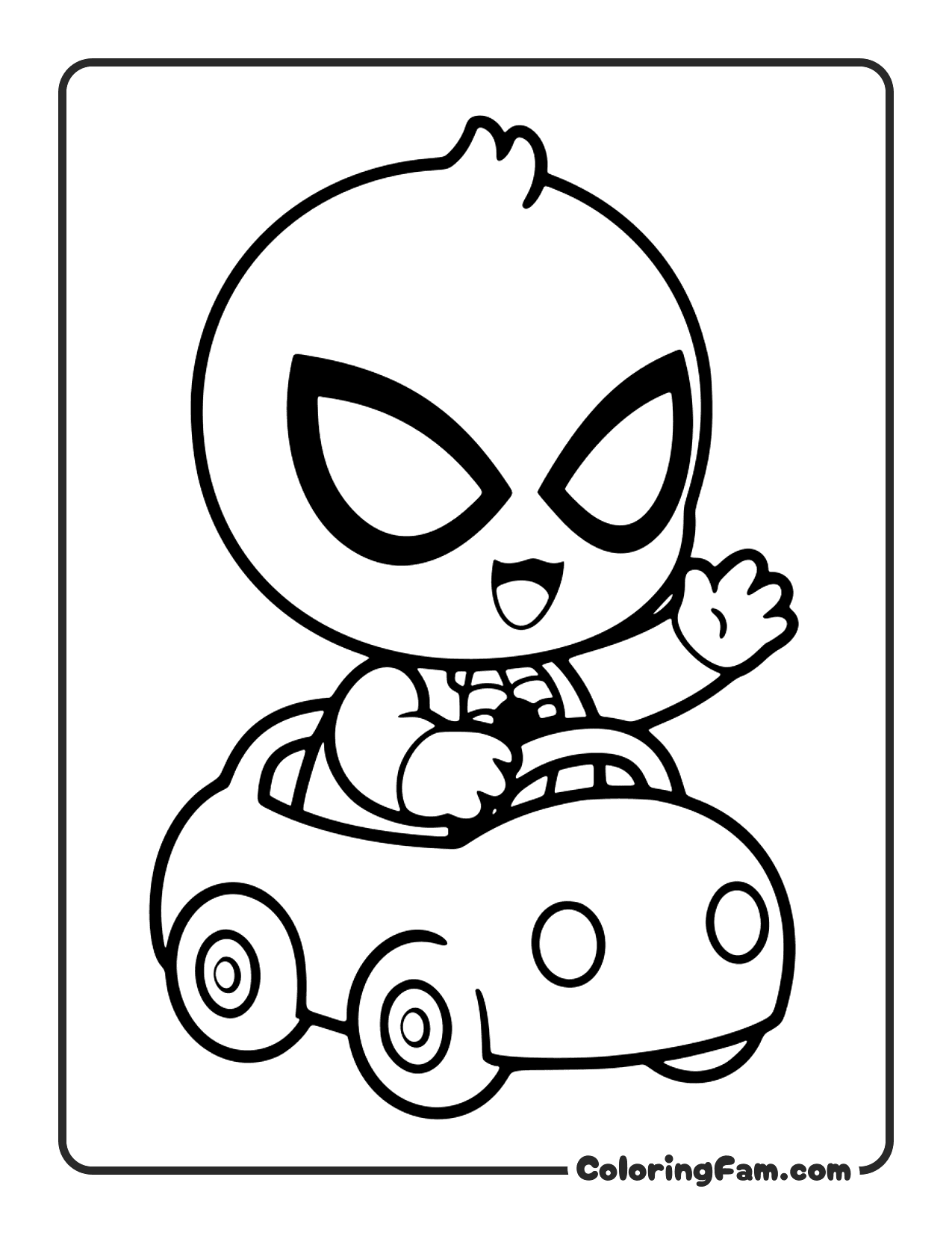 Cute Baby Spiderman Riding Toy Car coloring page