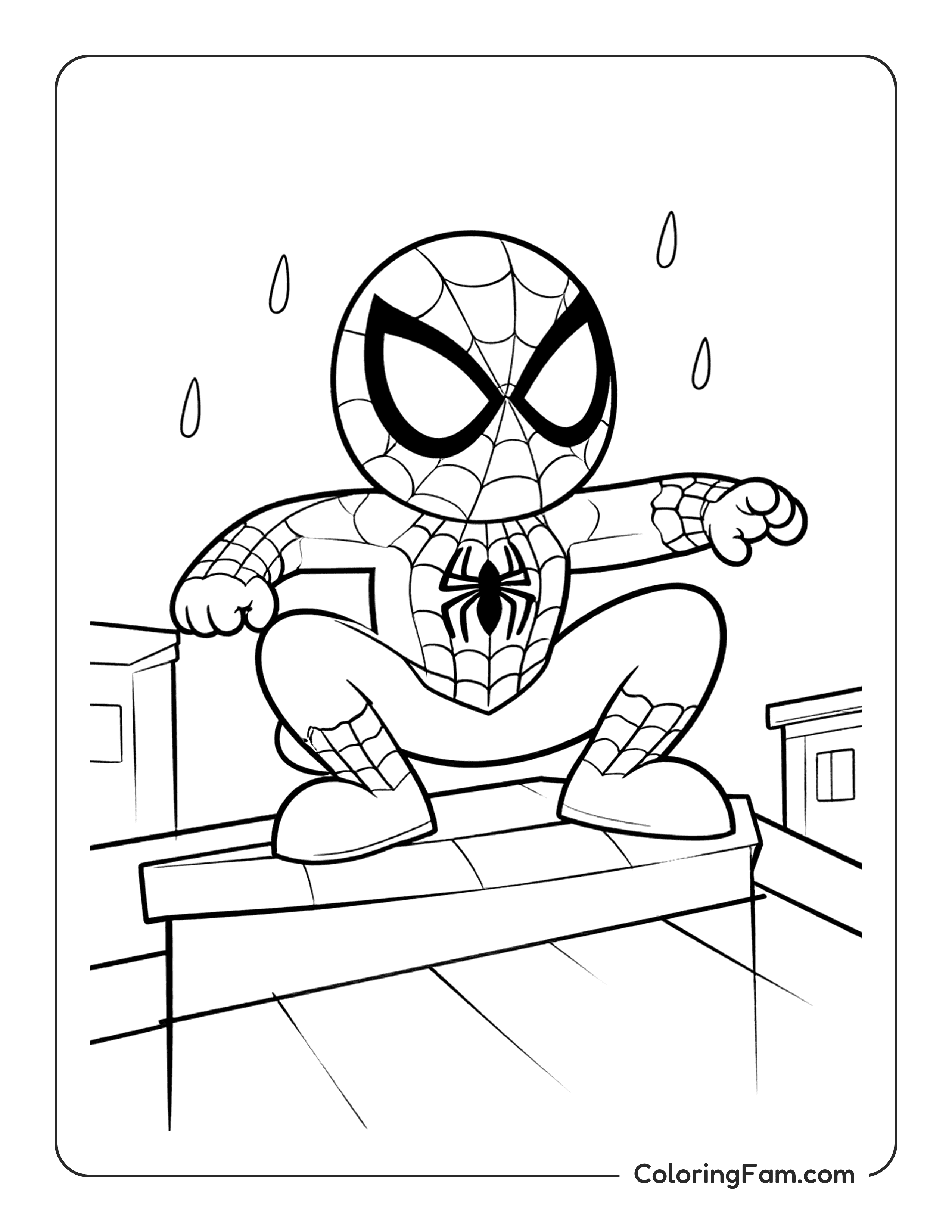 Spiderman Crouching On Rooftop coloring page
