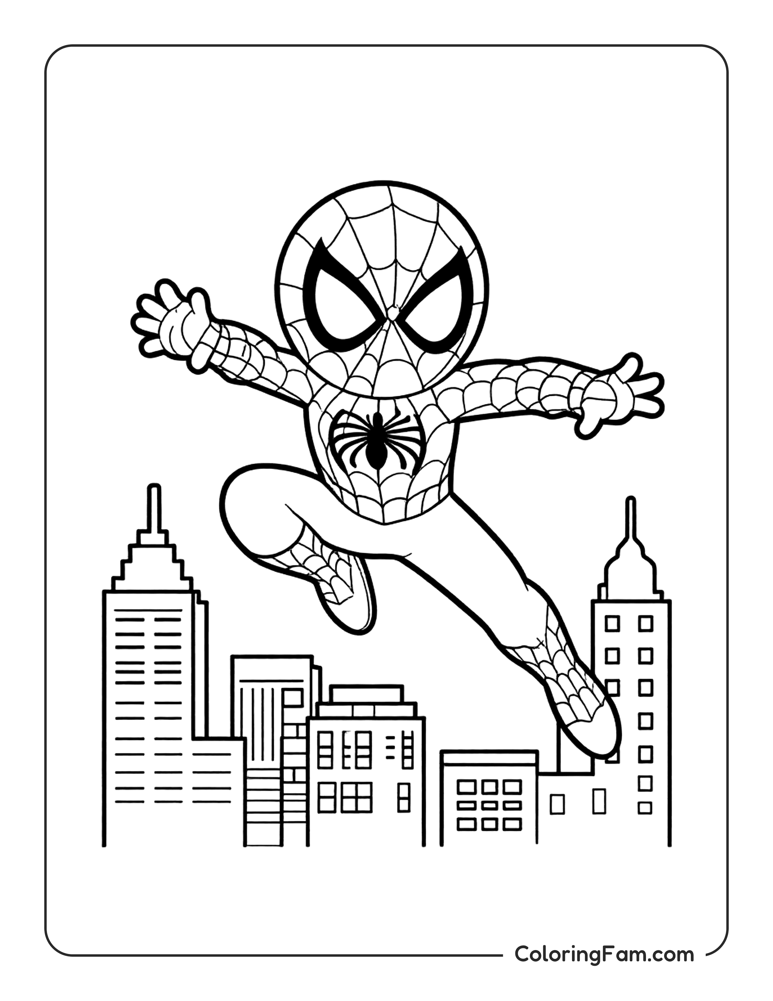 Spiderman Flying Above City coloring page