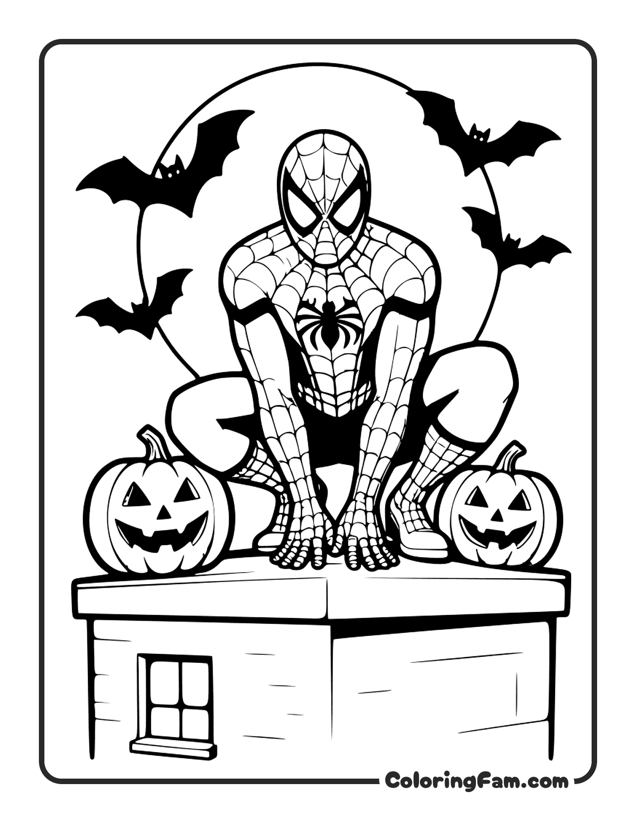 Spiderman Halloween Pumpkins Rooftop coloring page