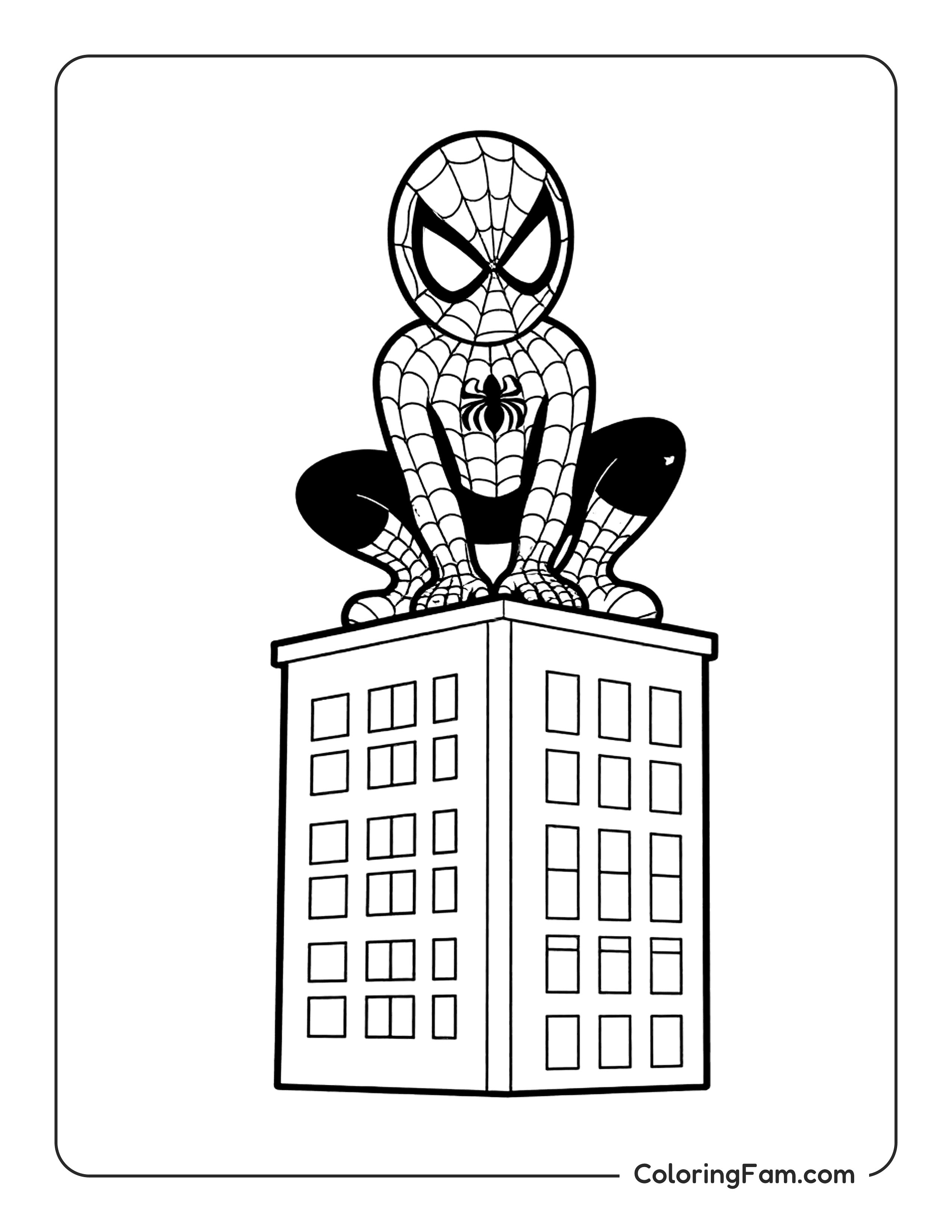 Spiderman Squatting On Building coloring page