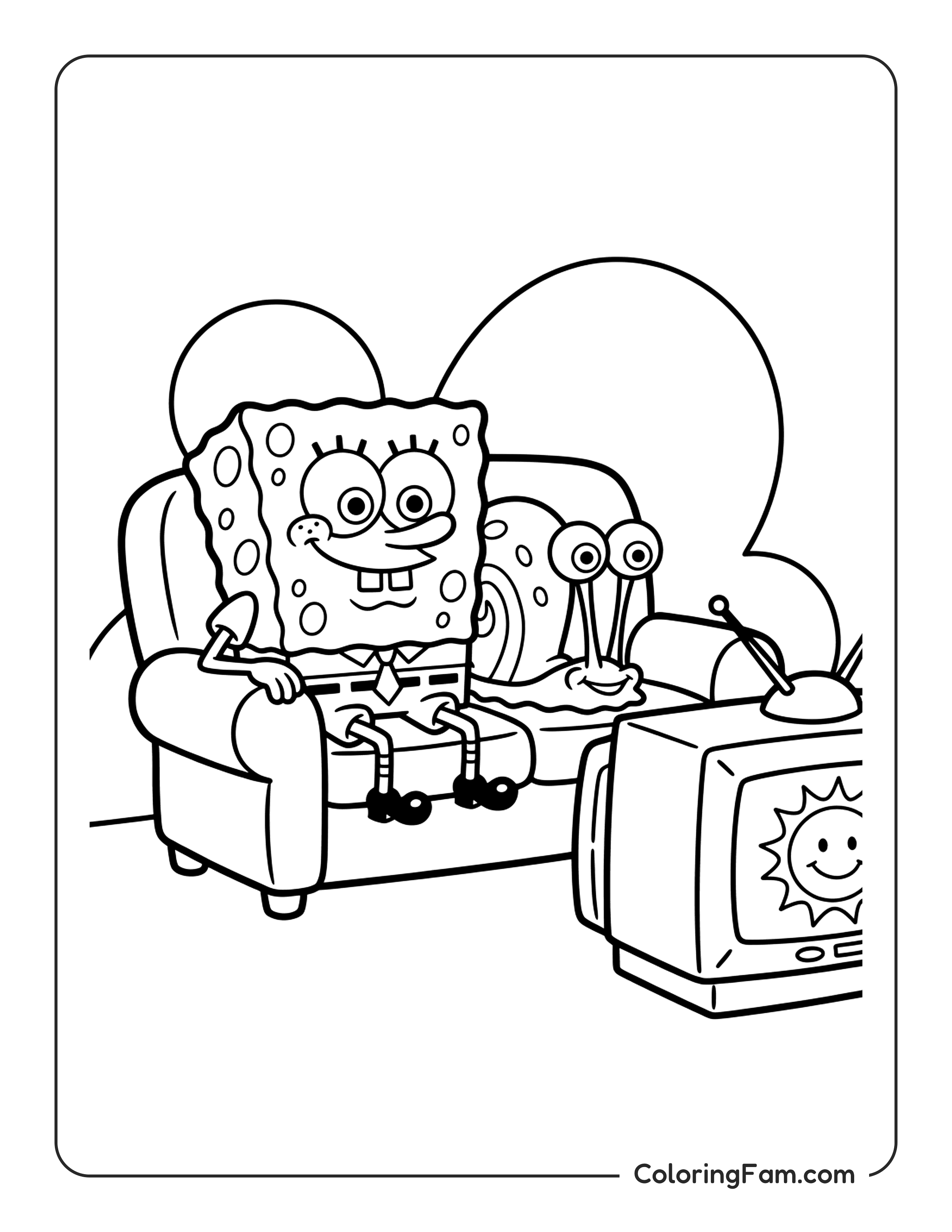 Spongebob And Gary Watching Tv On The Couch coloring page