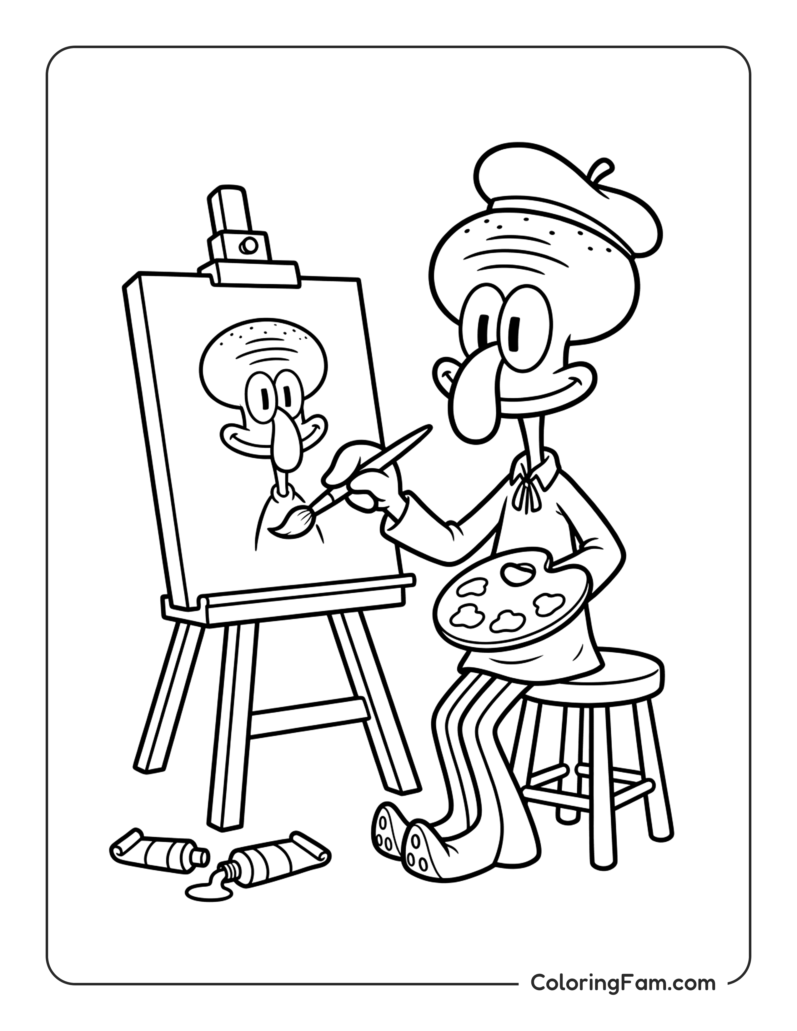 Squidward Painting A Self Portrait On Canvas coloring page