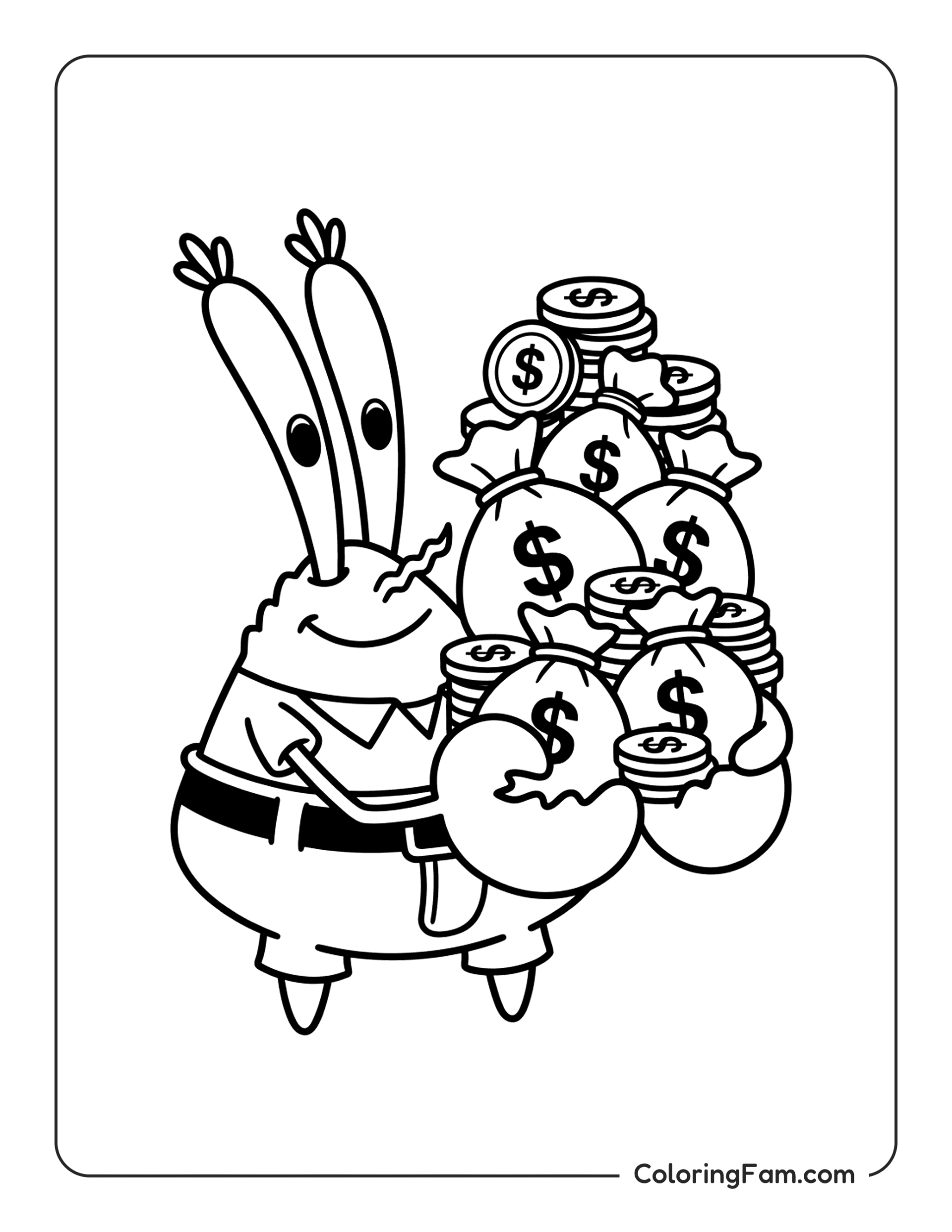Mr Krabs Holding Money Bags coloring page