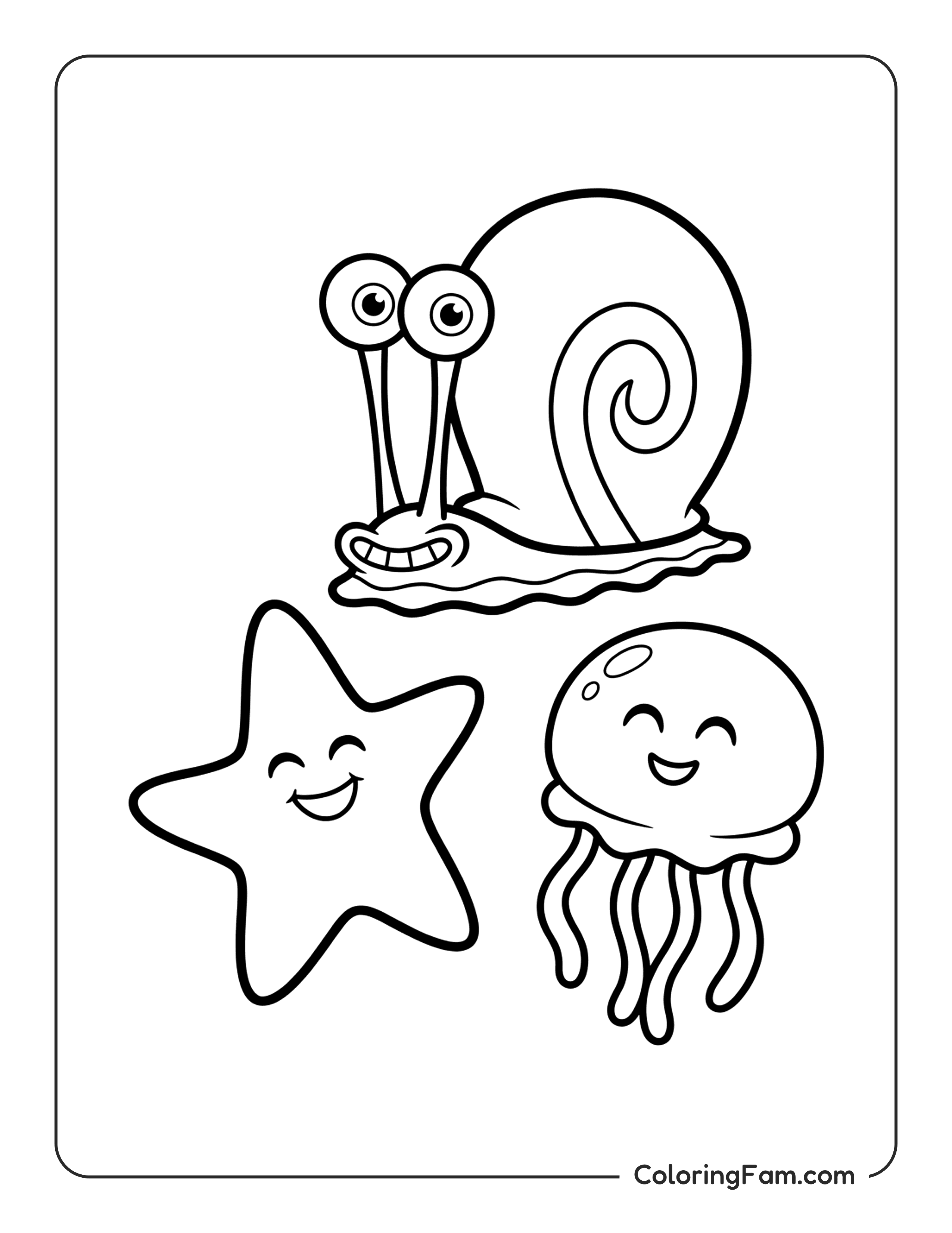 Snail Starfish Jellyfish Smiling coloring page