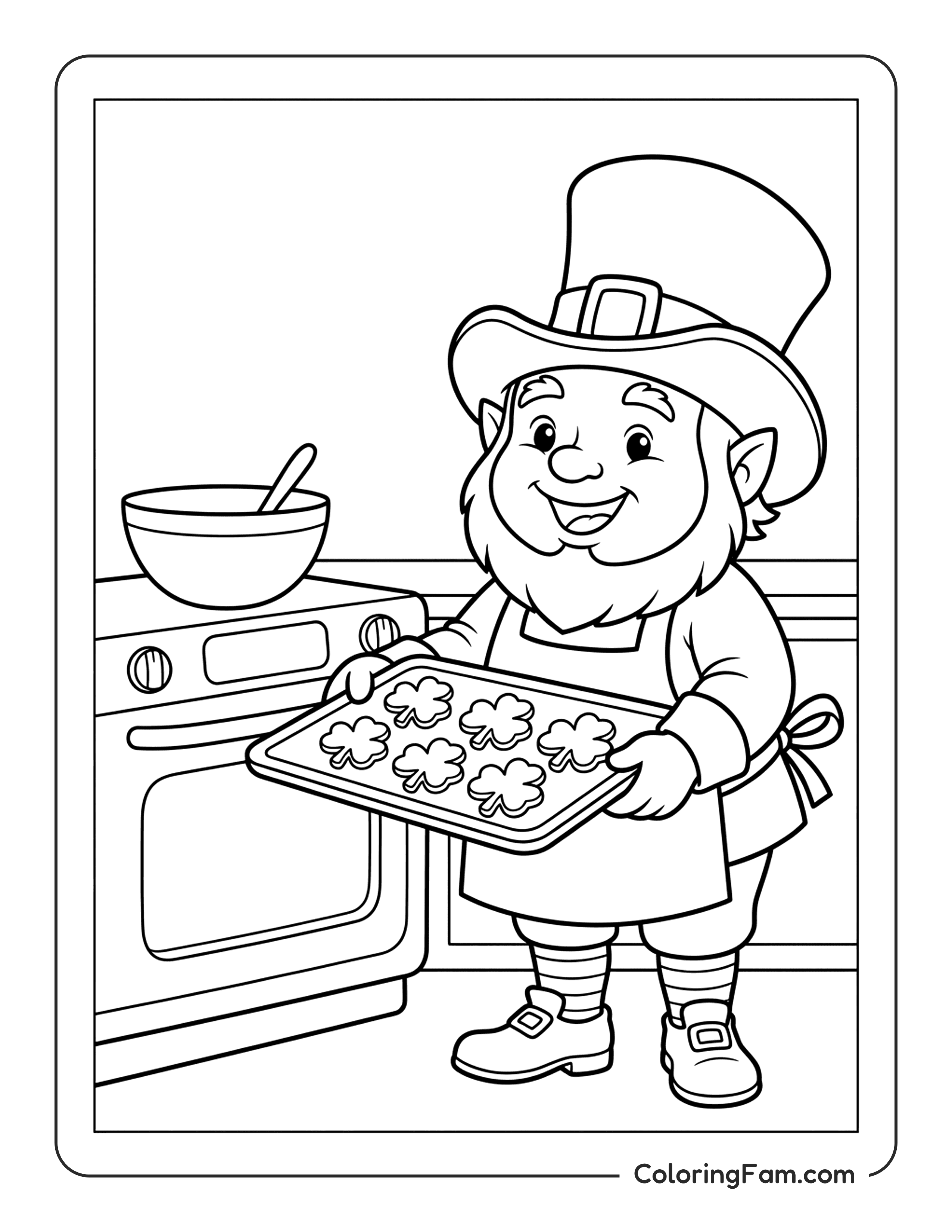 Leprechaun Baking Shamrock Shaped Cookies coloring page
