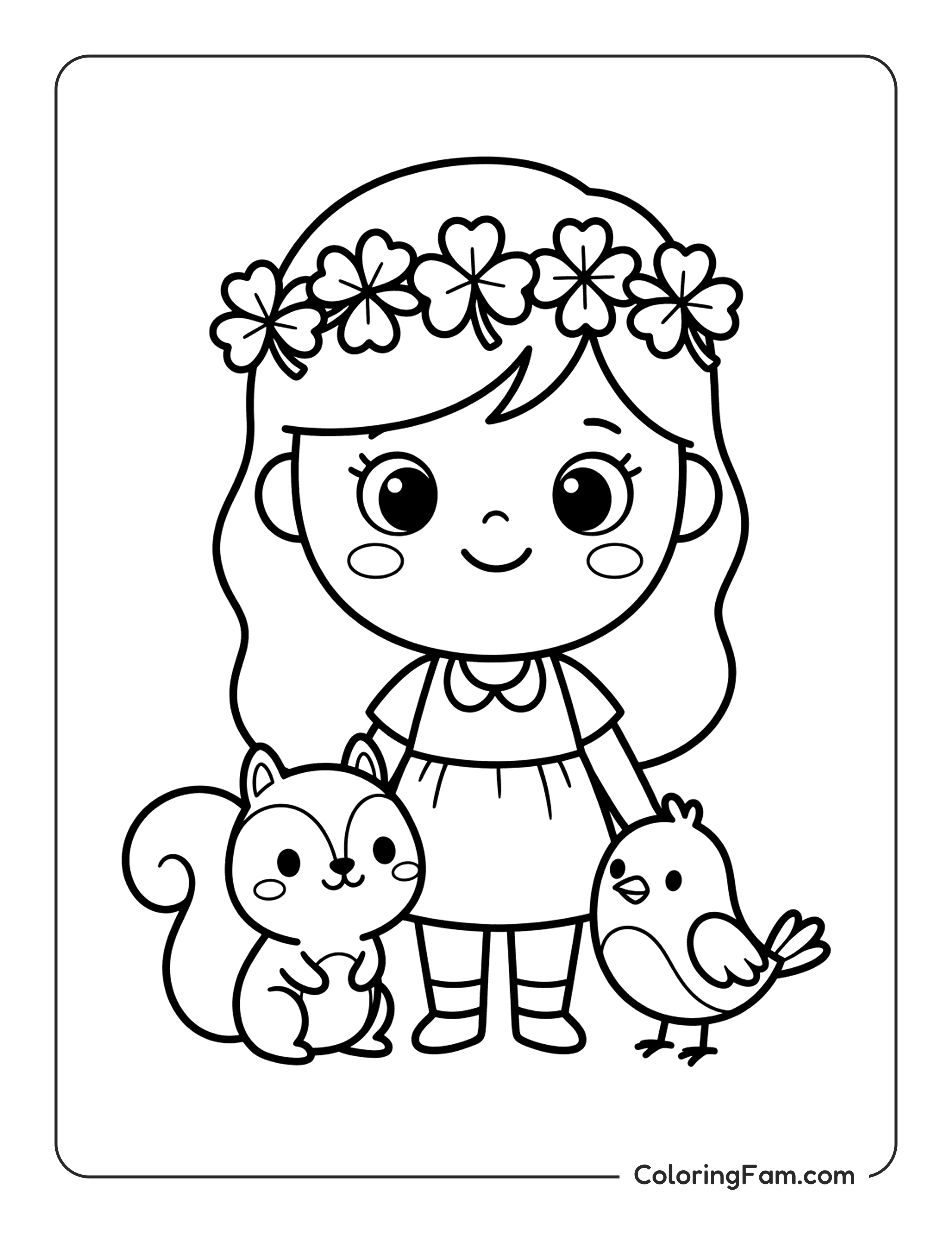 Little Girl Wearing A Shamrock Flower Crown coloring page