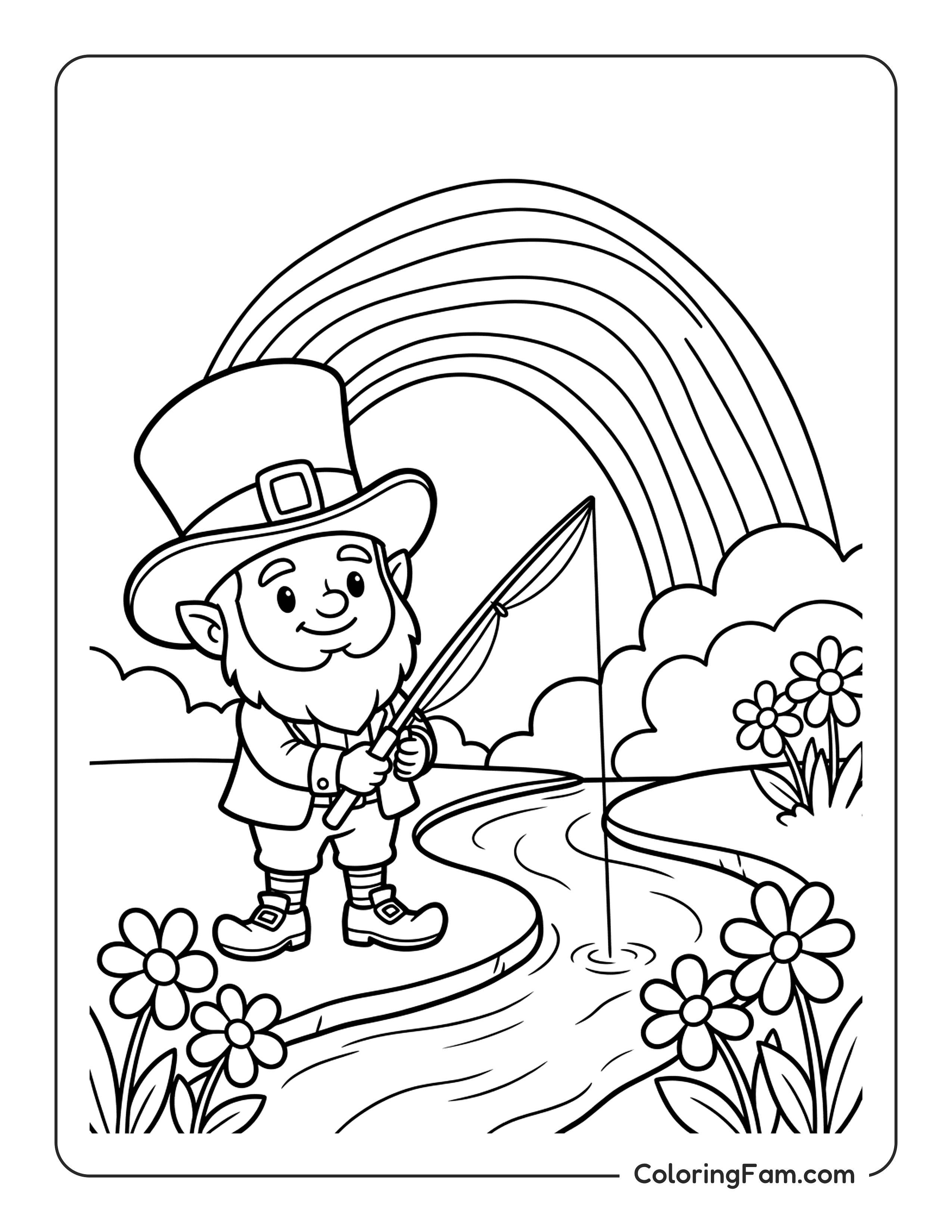 Leprechaun Fishing In A Stream Next To A Rainbow coloring page