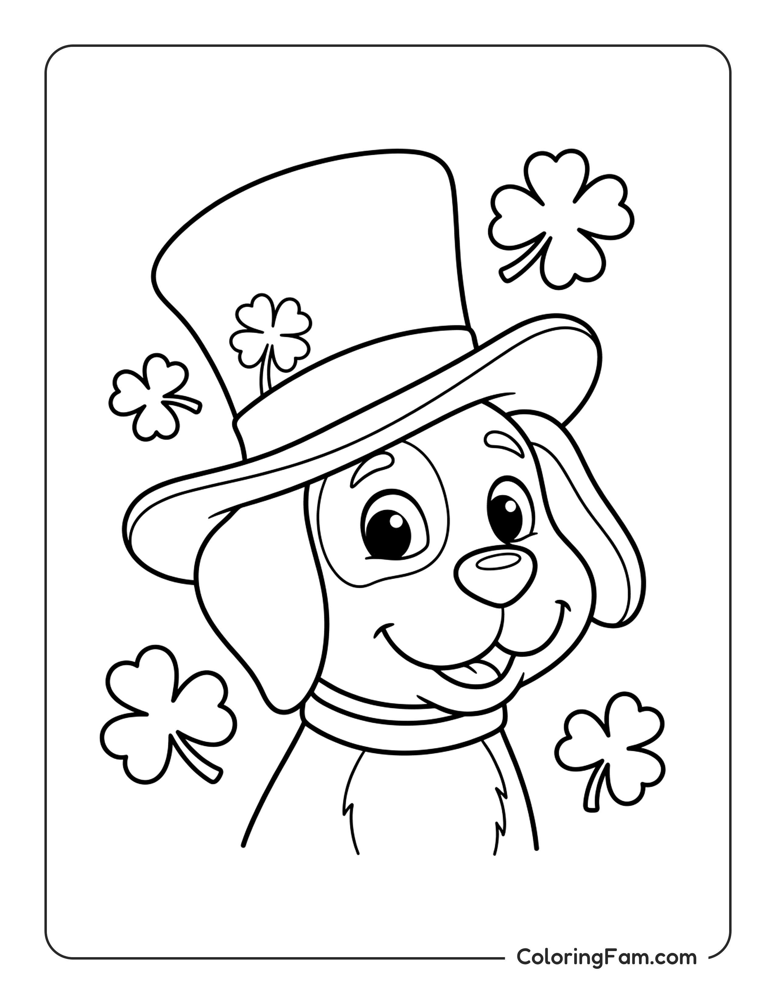 Happy Dog Wearing A St Patricks Day Hat With Clovers coloring page