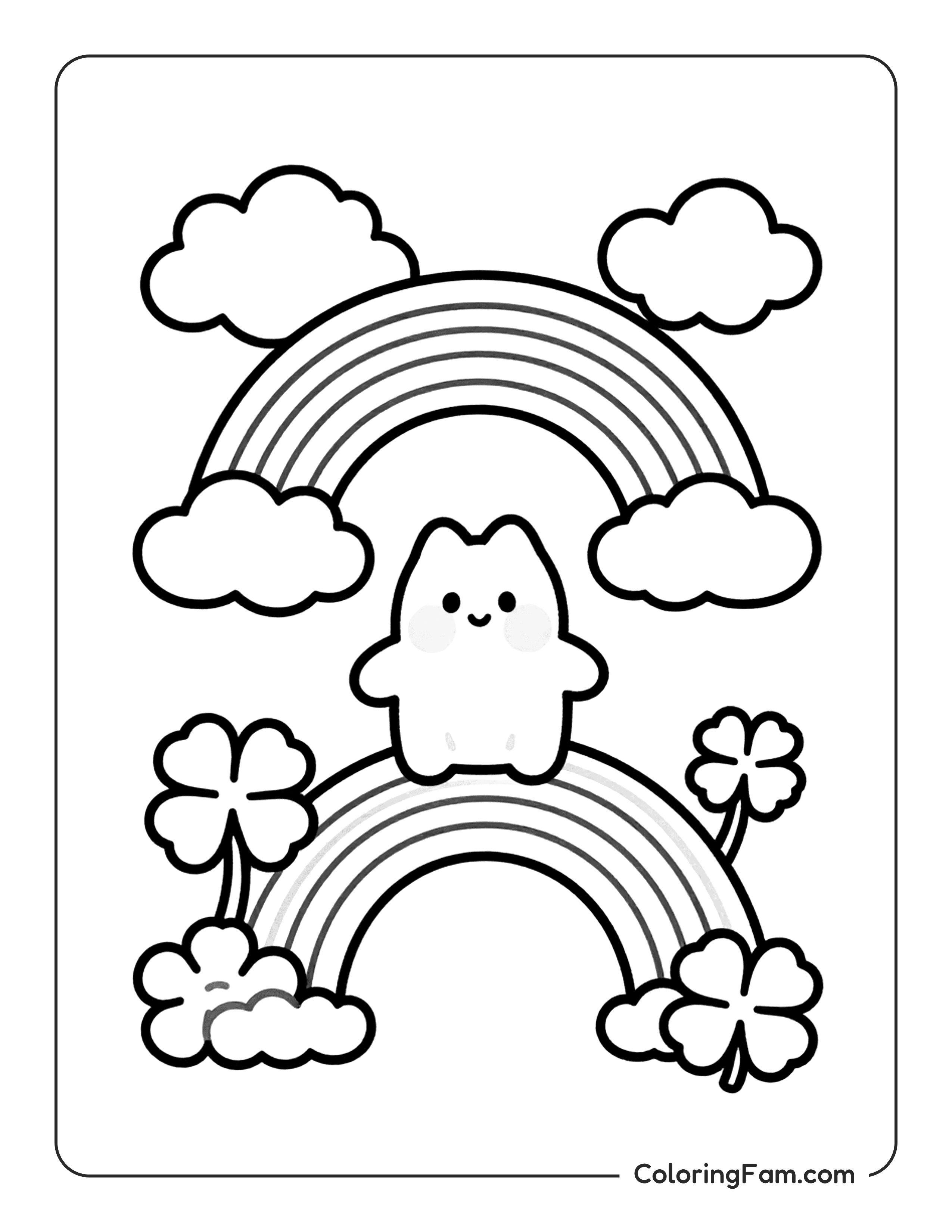 Cat On Rainbow With Clovers coloring page