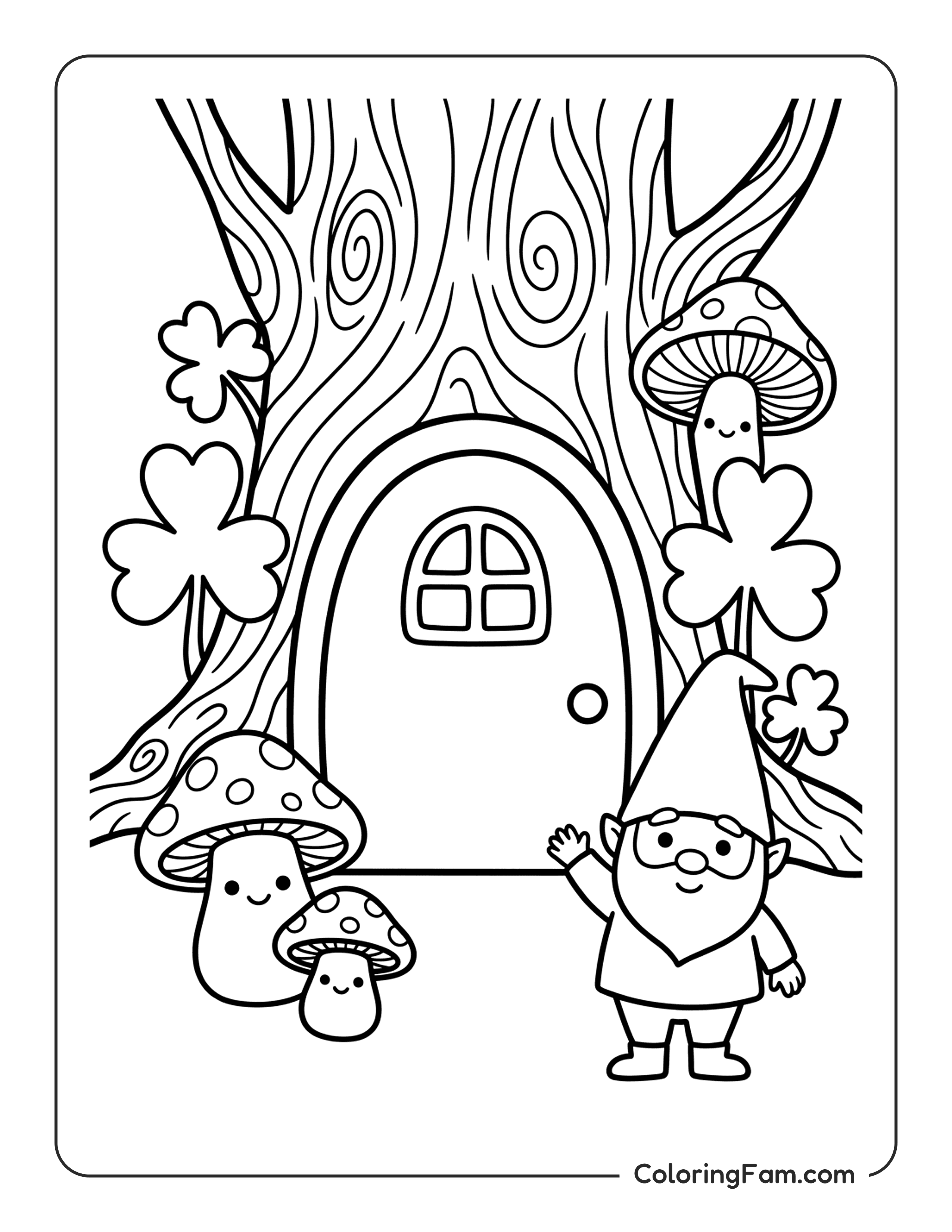 Gnome Waving At Treehouse coloring page