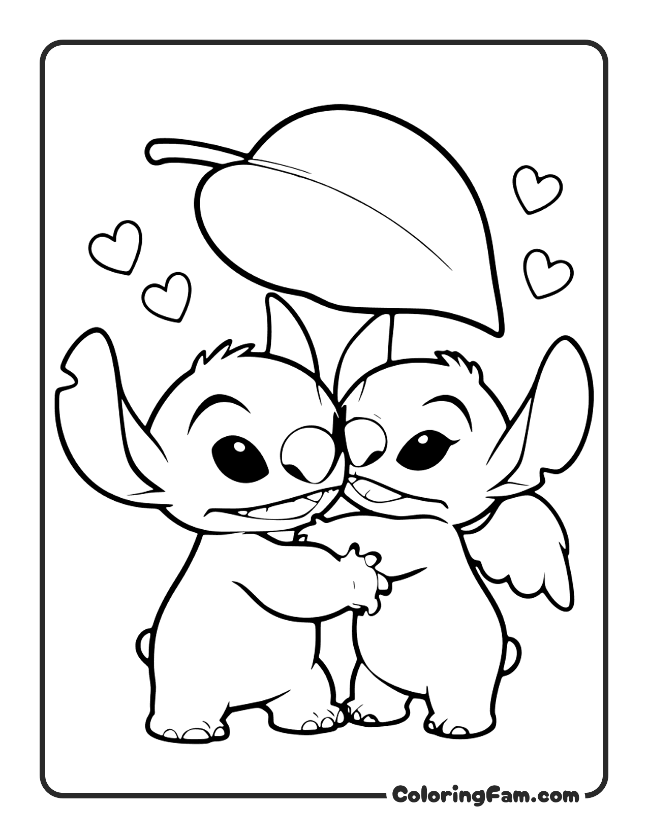 Stitch and Angel Cuddling Under Leaf coloring page printable