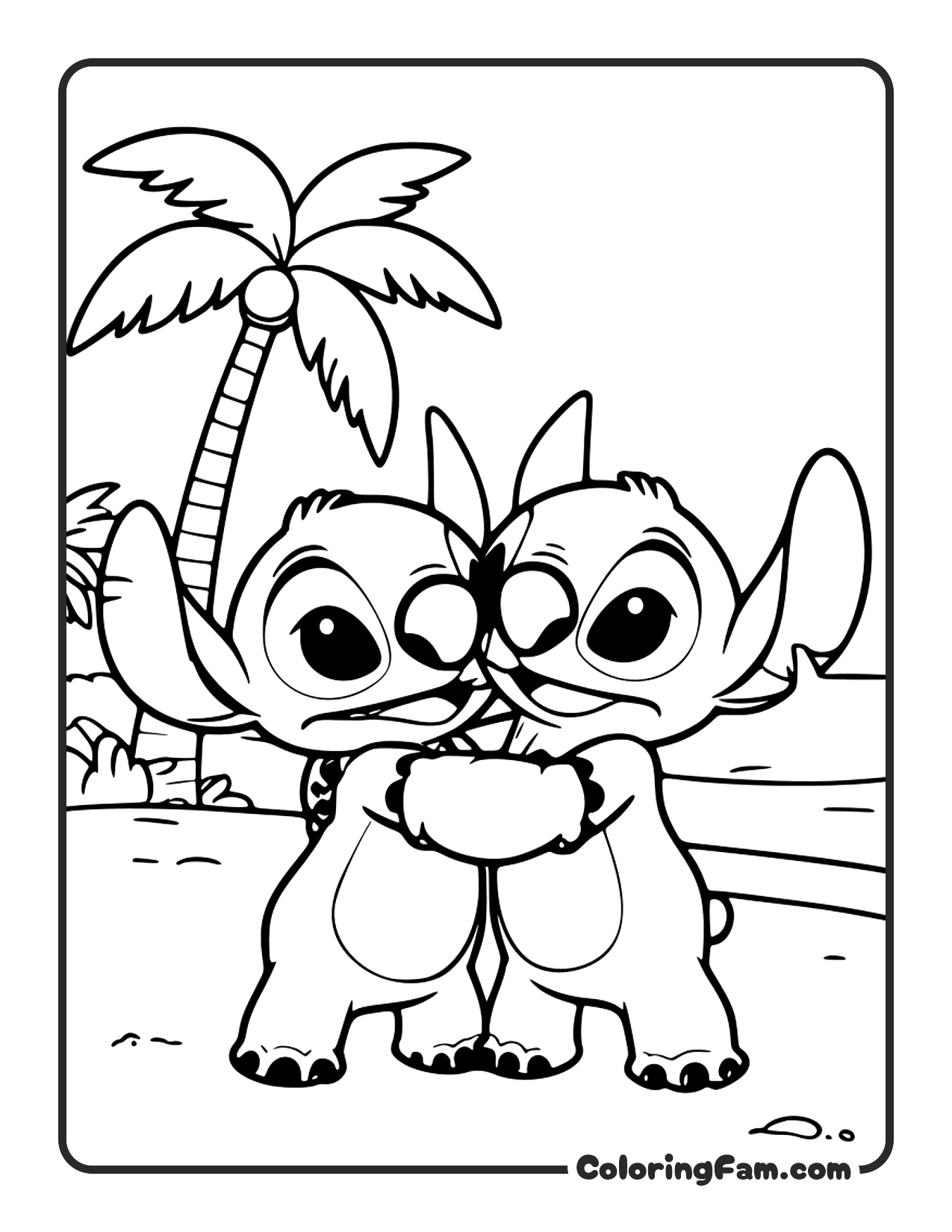 Lilo and Stitch Hugging on Beach coloring page printable
