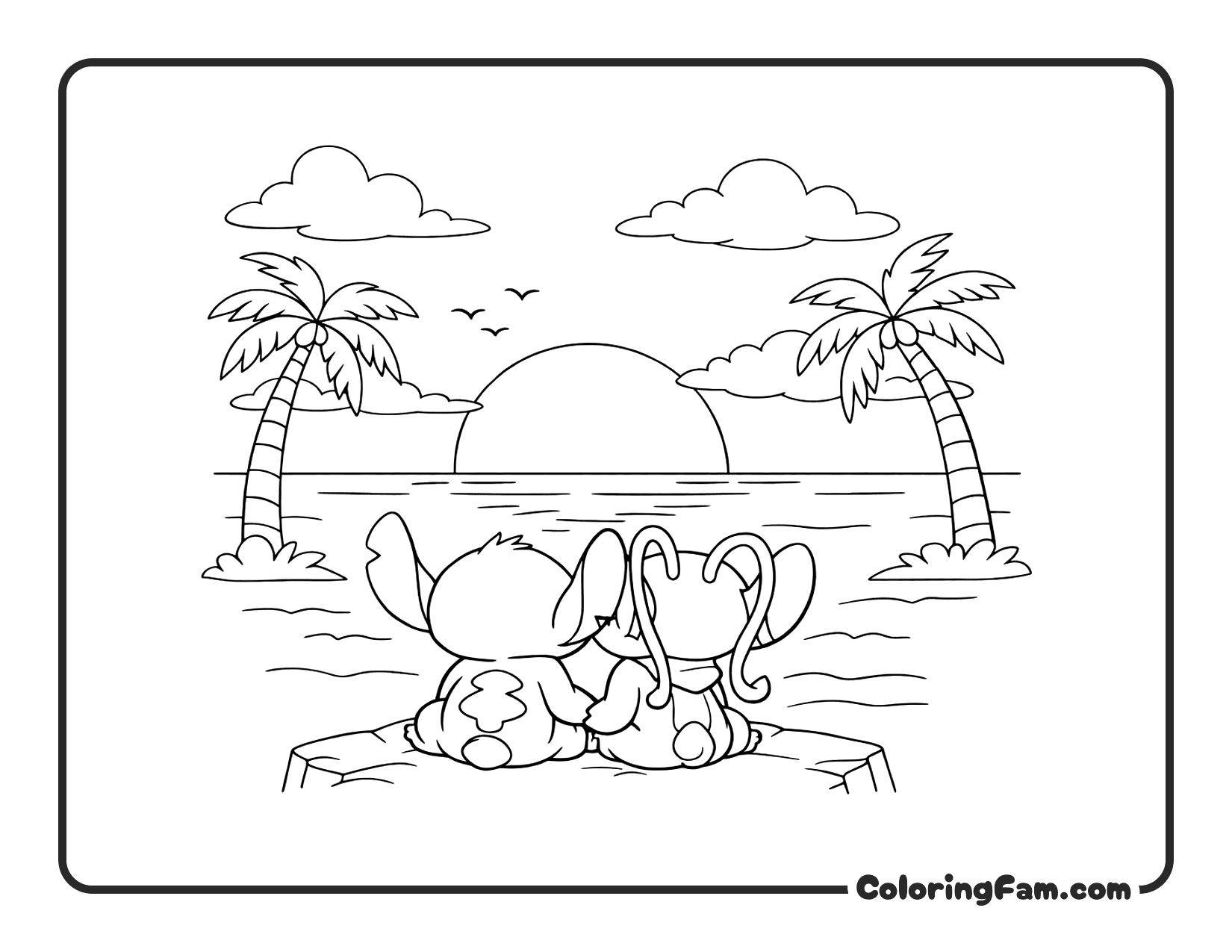 Stitch and Angel Watching Ocean Sunset coloring page printable