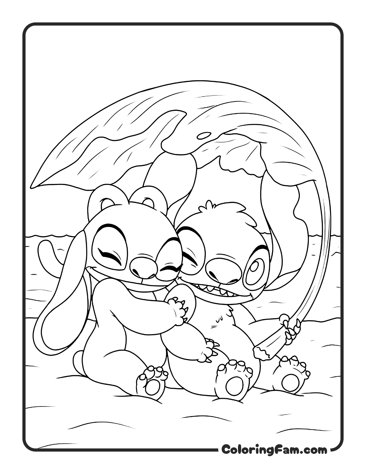 Angel and Stitch Cuddling on Beach coloring page printable