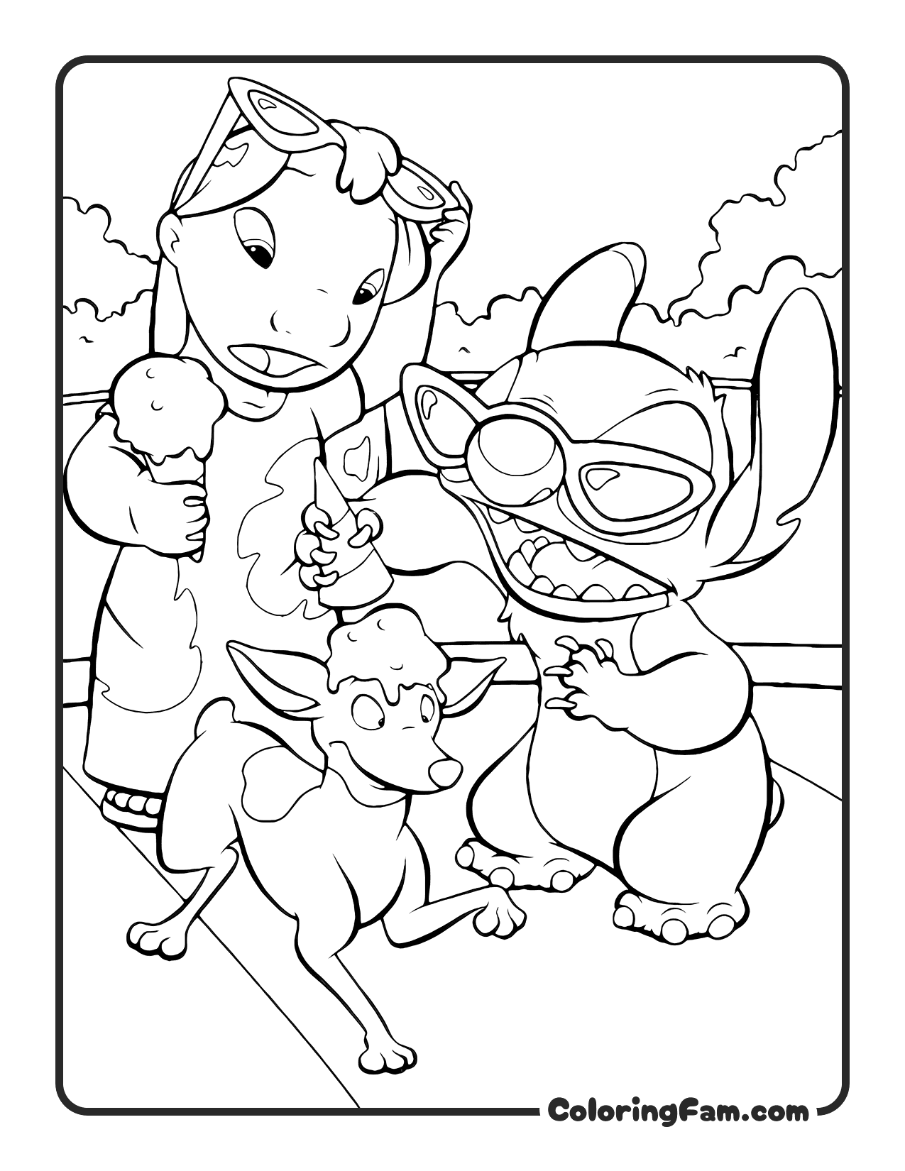 Lilo and Stitch Eating Ice Cream on Beach coloring page printable