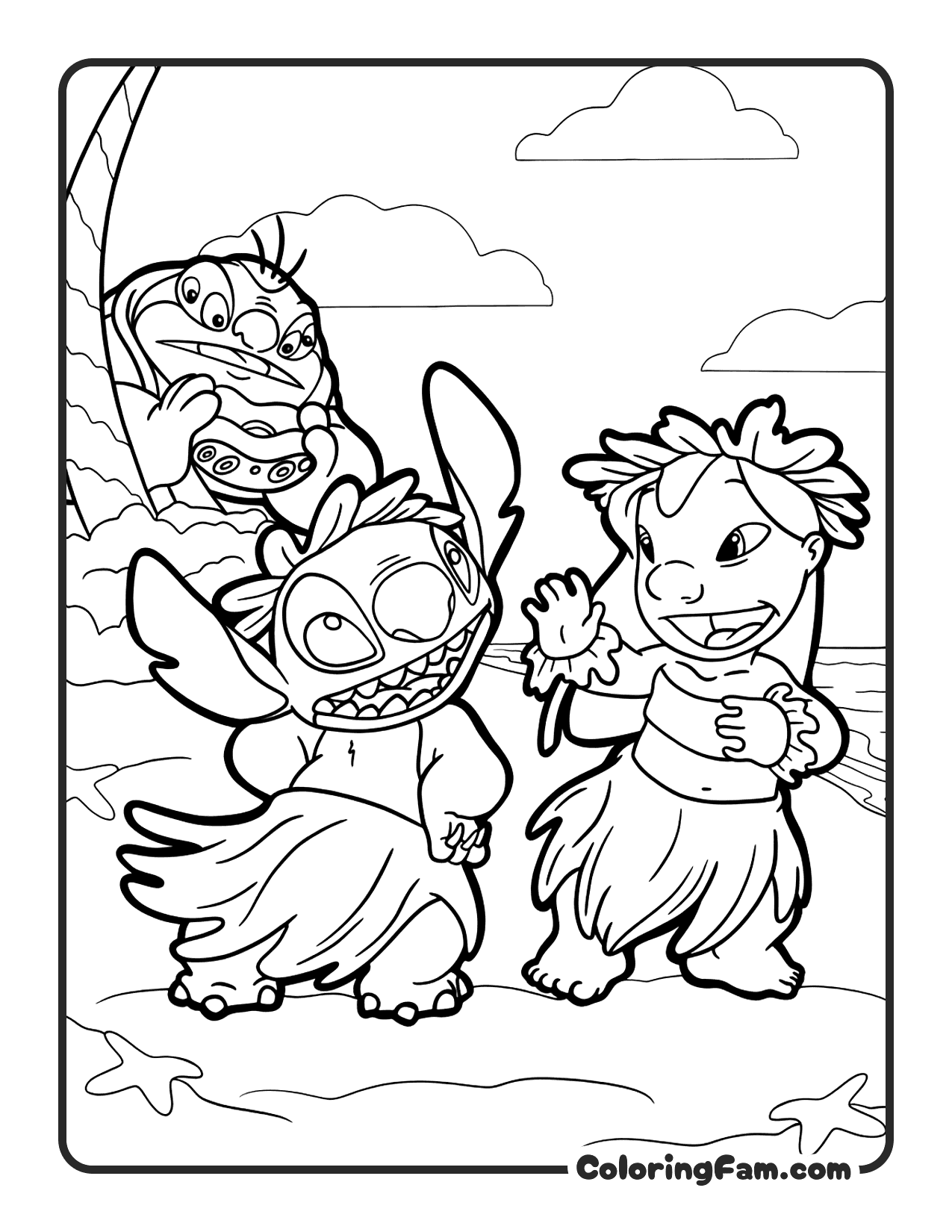 Lilo and Stitch Hula Dancing on Beach coloring page printable