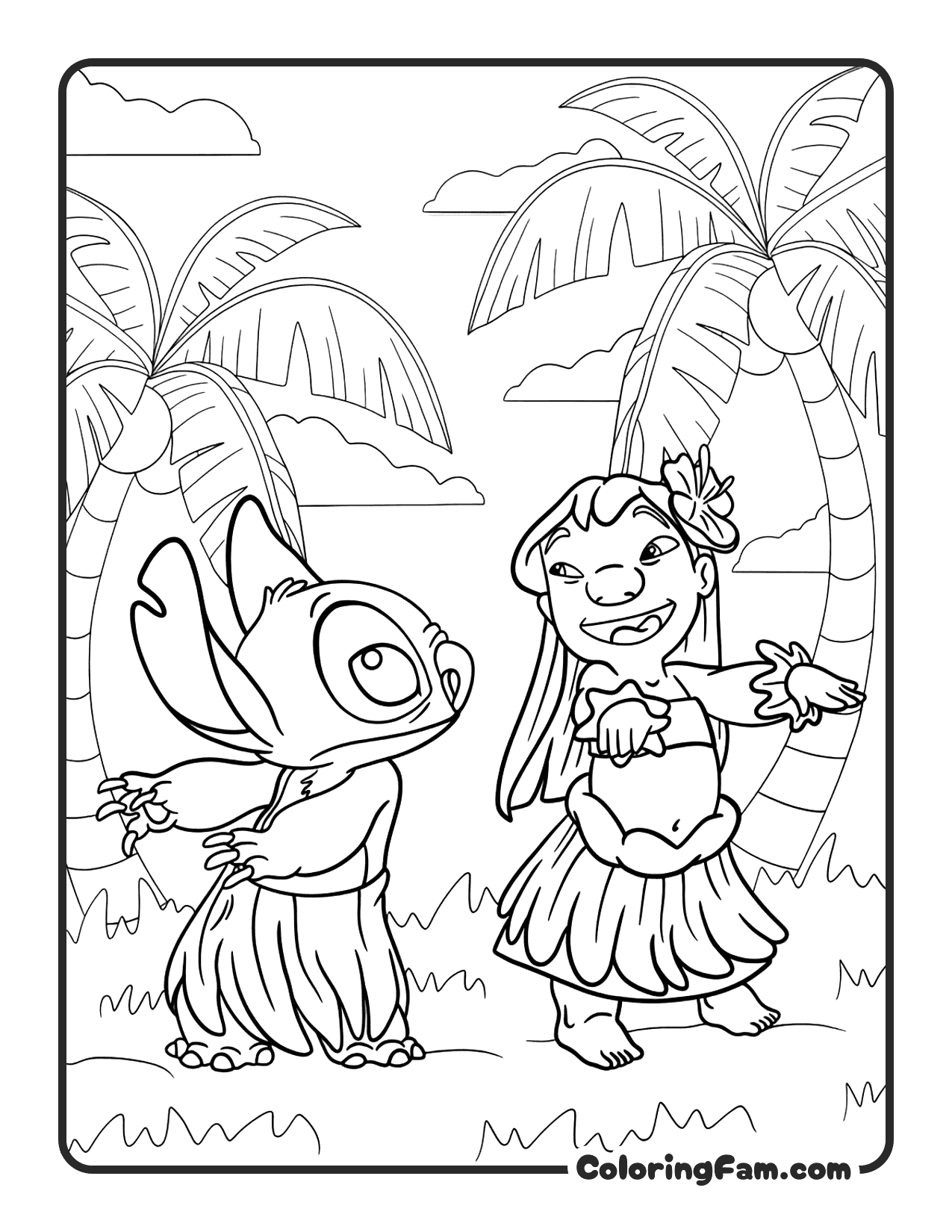 Lilo and Stitch Hula Dancing Together coloring page printable