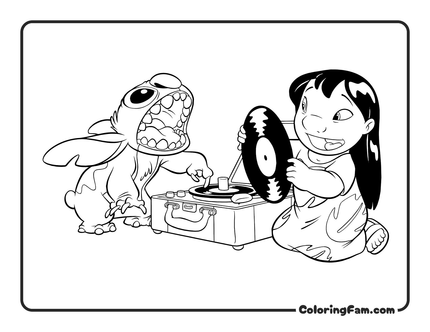Lilo and Stitch Listening to Vinyl Record coloring page printable