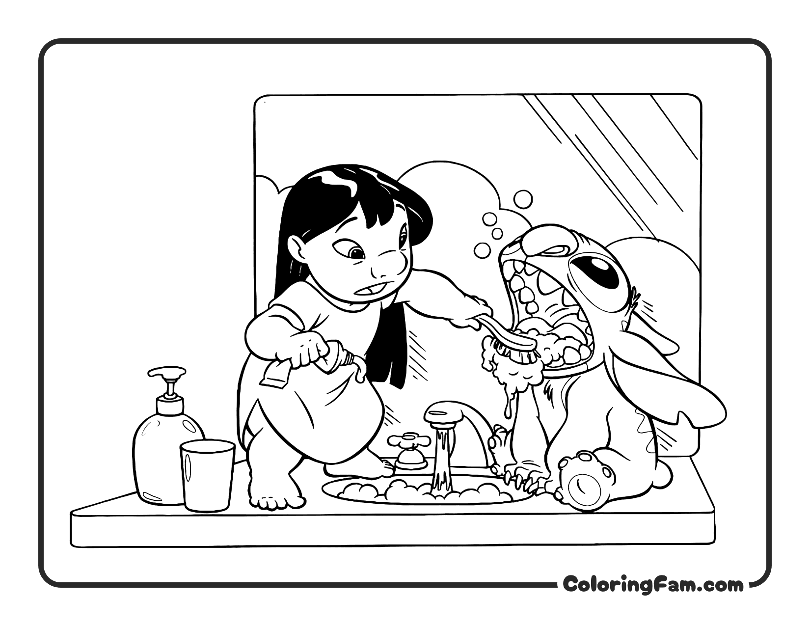 Lilo Brushing Stitch Teeth in Bathroom coloring page printable