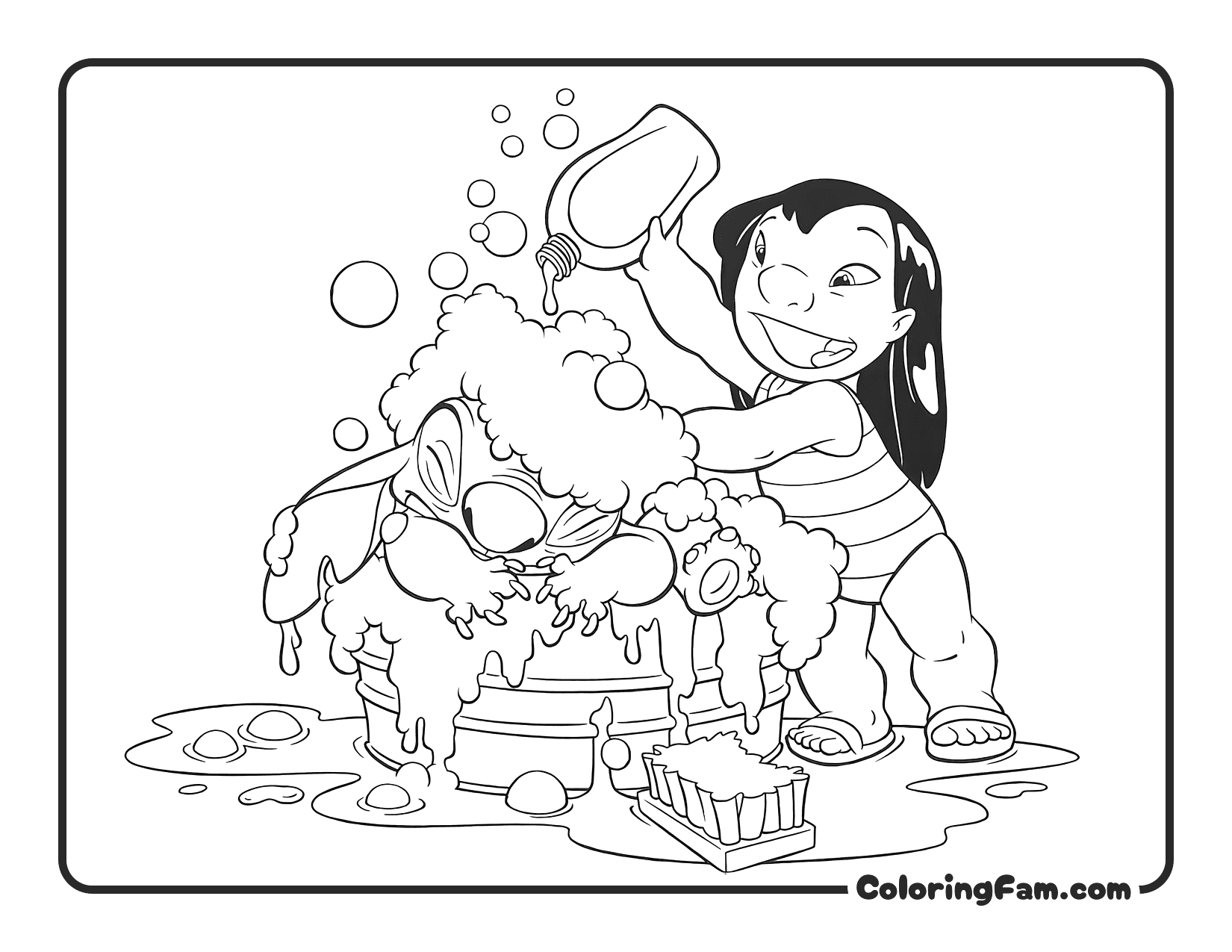 Lilo Giving Stitch a Bath with Bubbles coloring page printable
