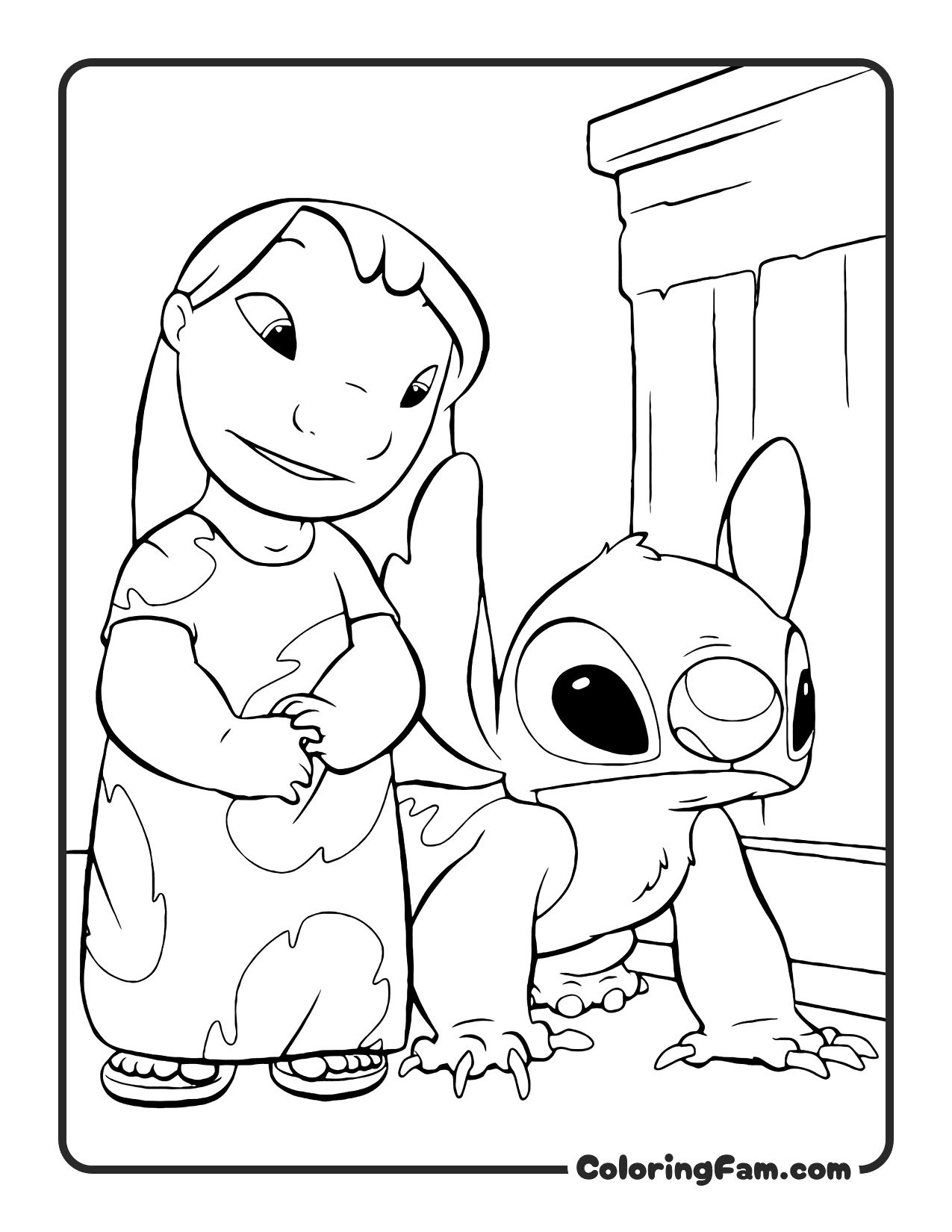 Lilo Petting Stitch on Porch coloring page printable