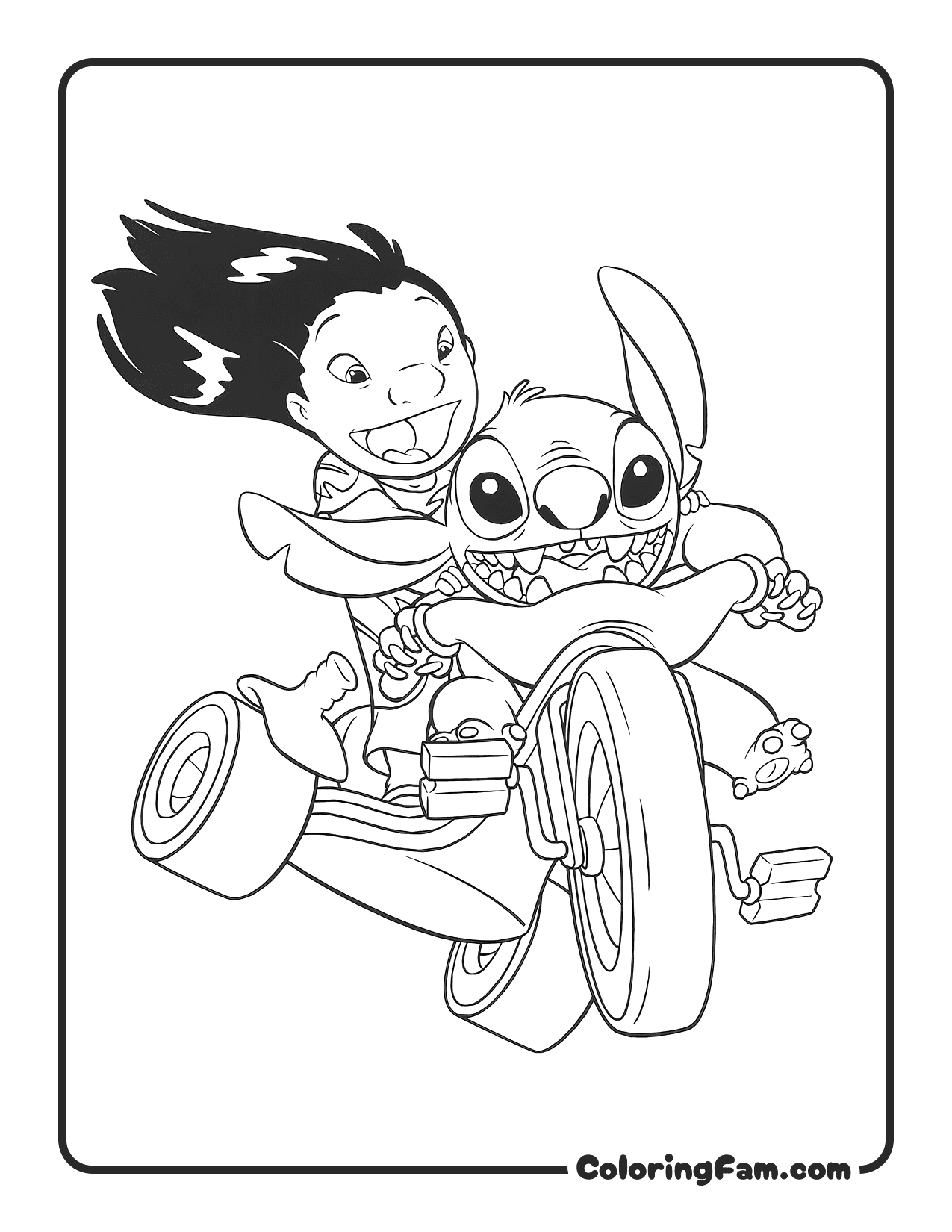 Lilo Riding Stitch on Tricycle coloring page printable