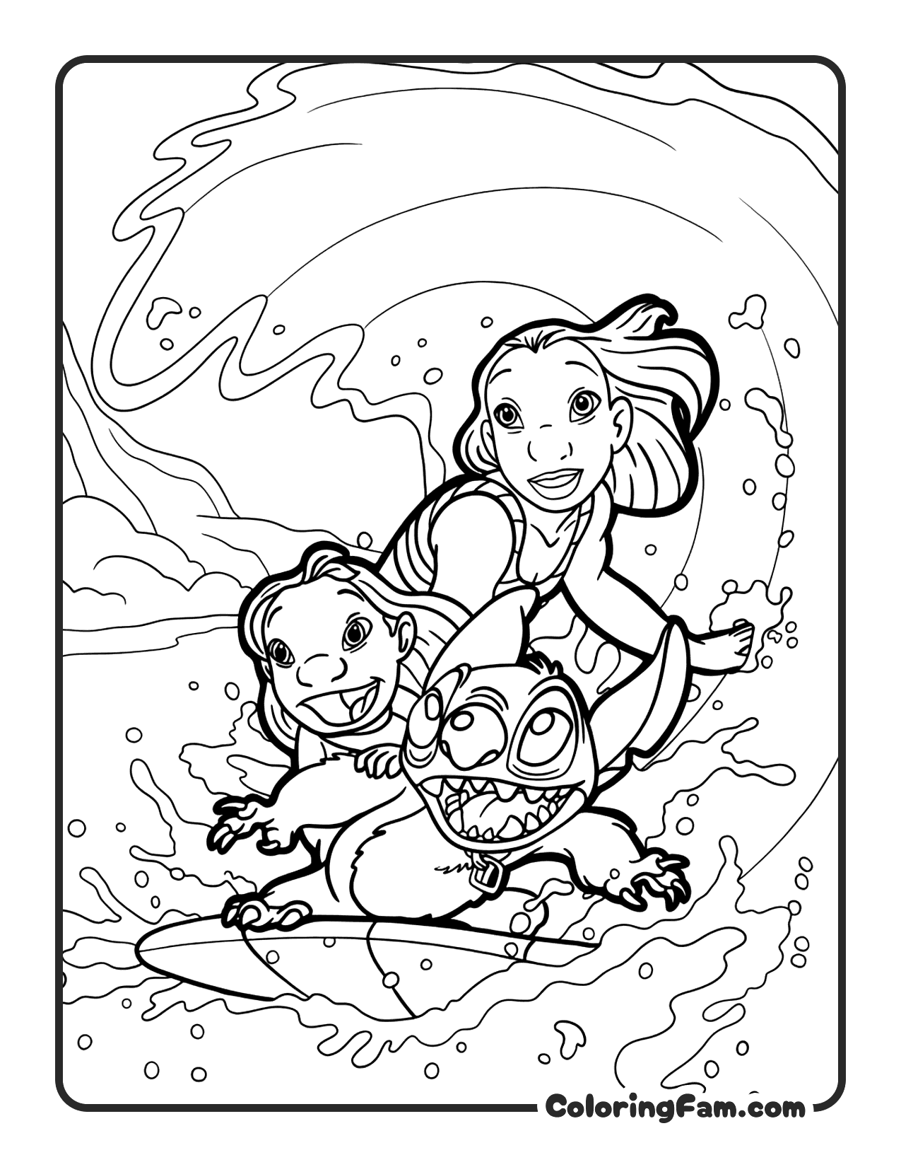 Nani Lilo and Stitch Surfing Big Wave coloring page printable