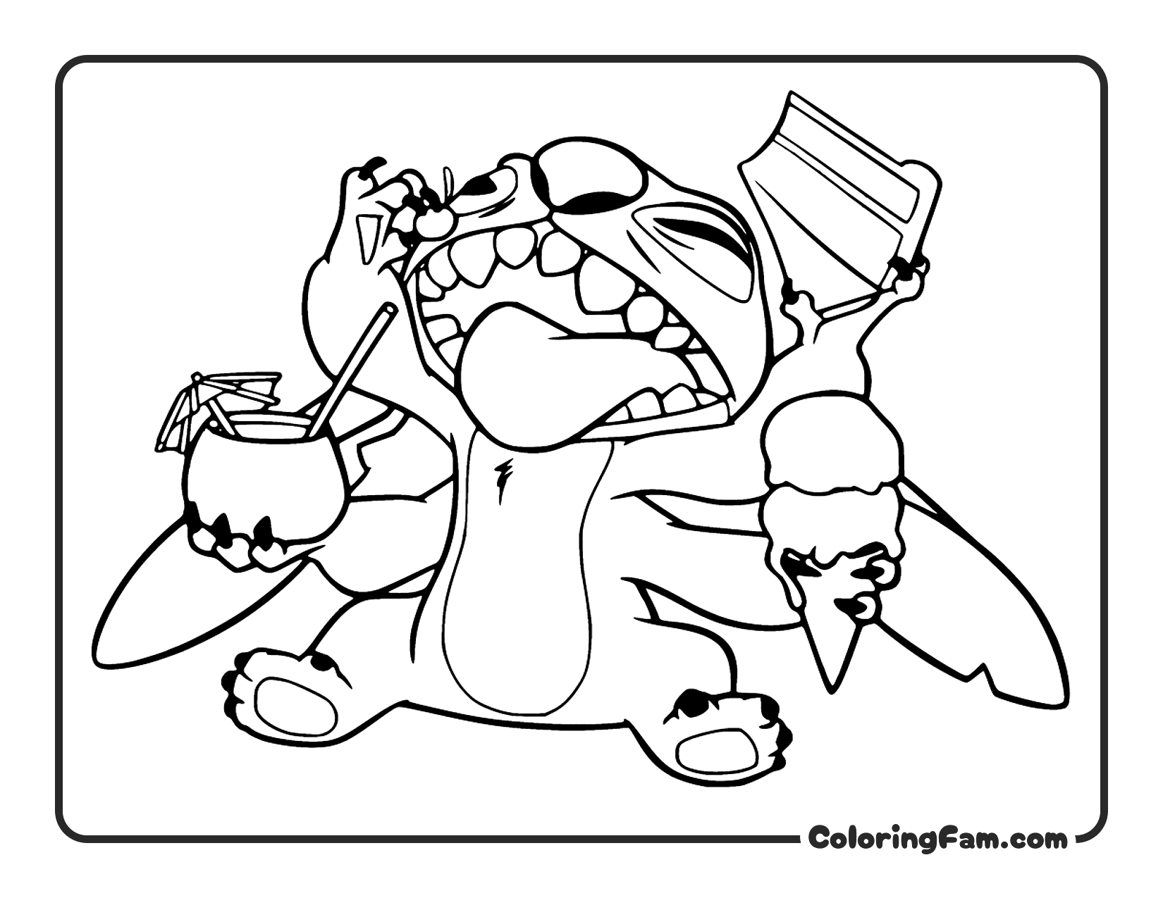 Stitch feasting on various treats coloring page printable