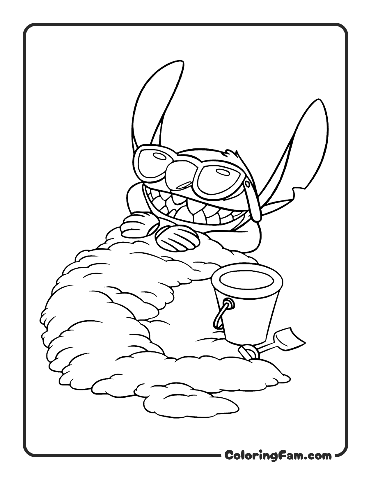 Stitch buried in sand as a mermaid coloring page printable
