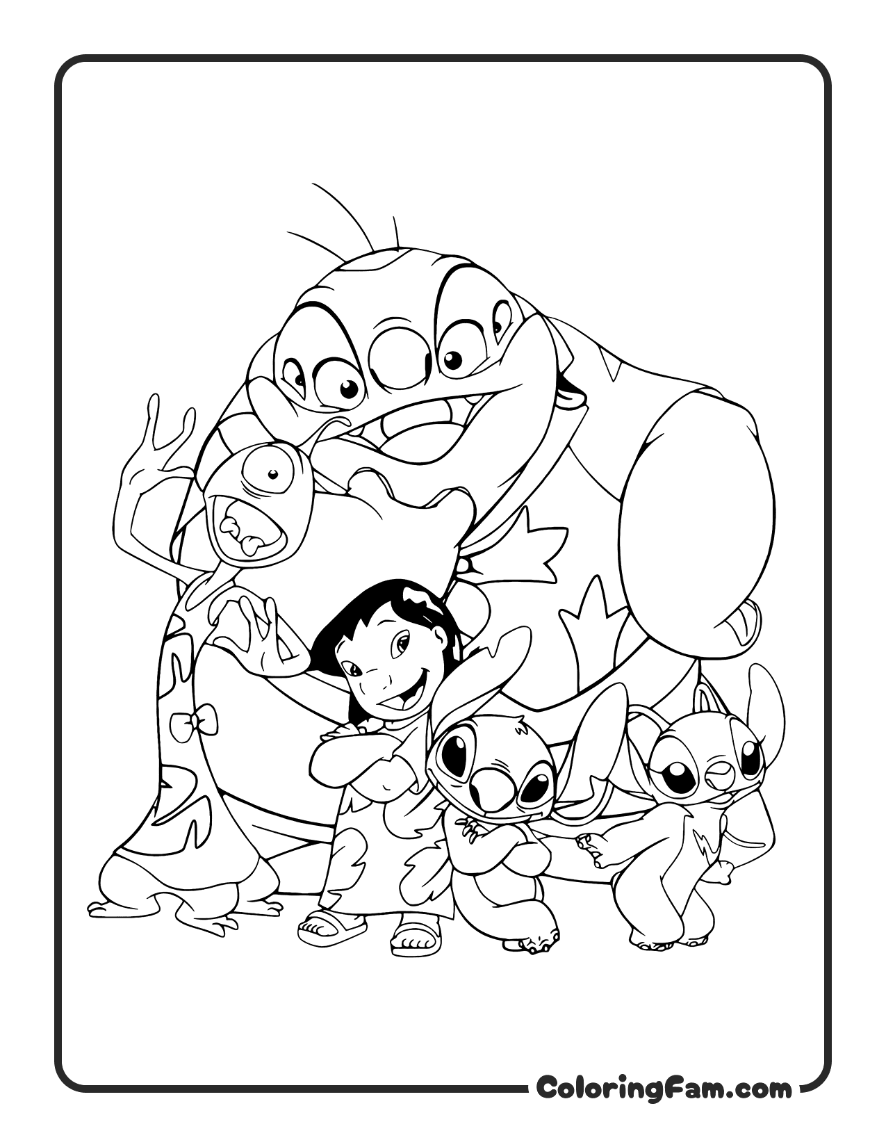Stitch Ohana Group Photo coloring page printable