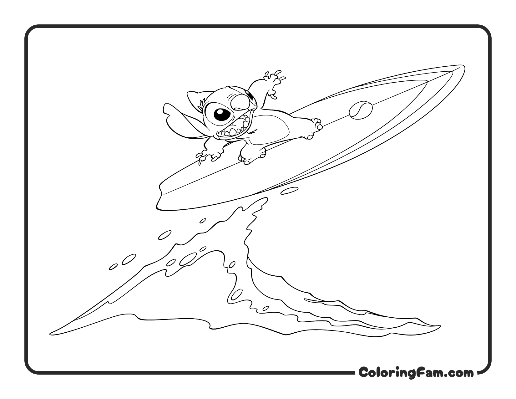 Stitch riding a big wave coloring page printable