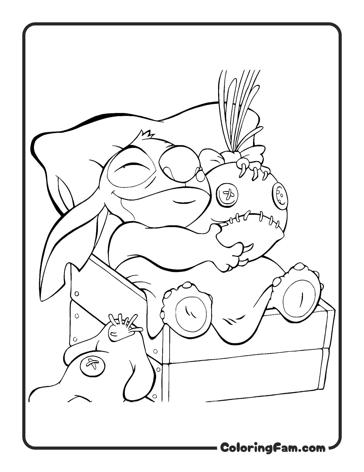Stitch Sleeping in Box with Scrump coloring page printable