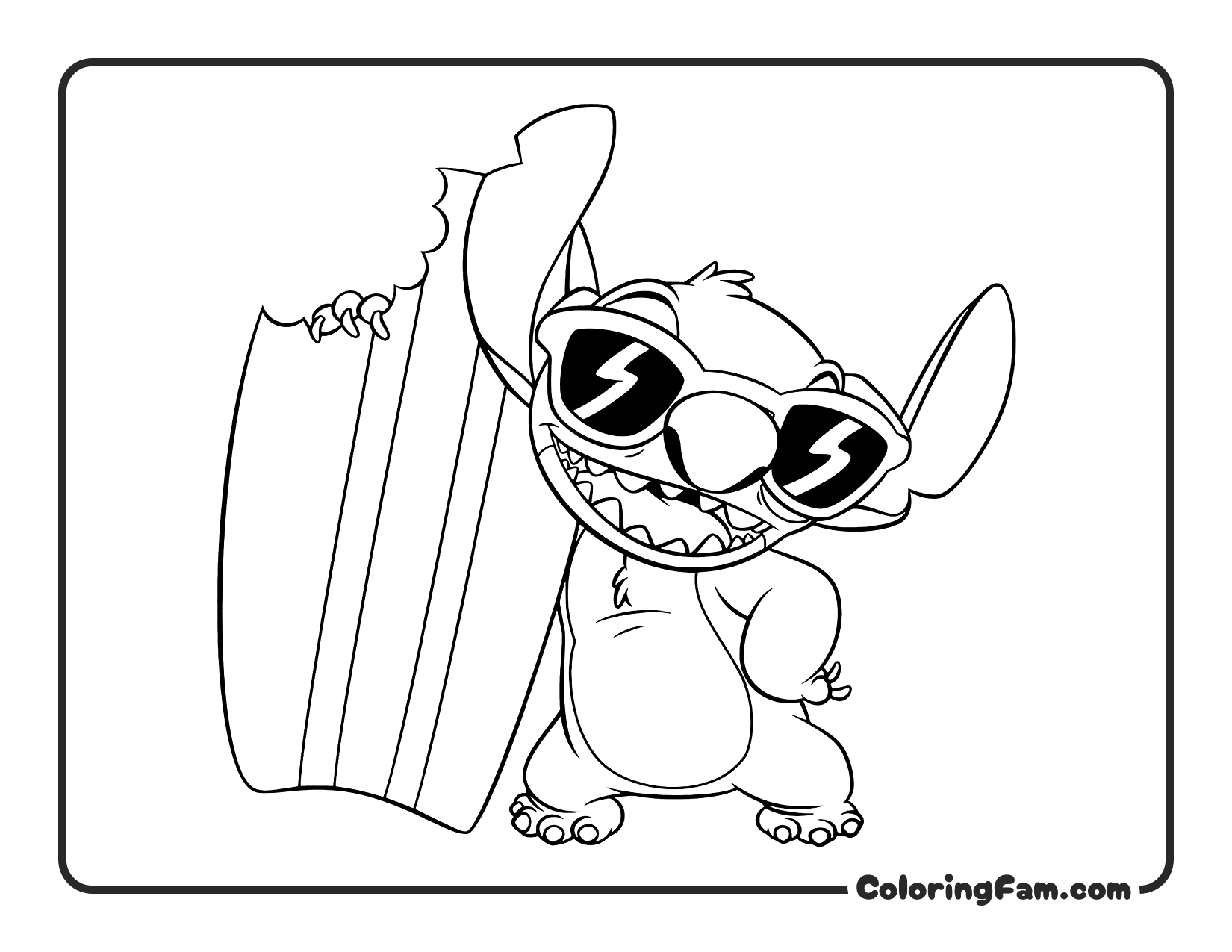 Stitch with his bitten surfboard coloring page printable