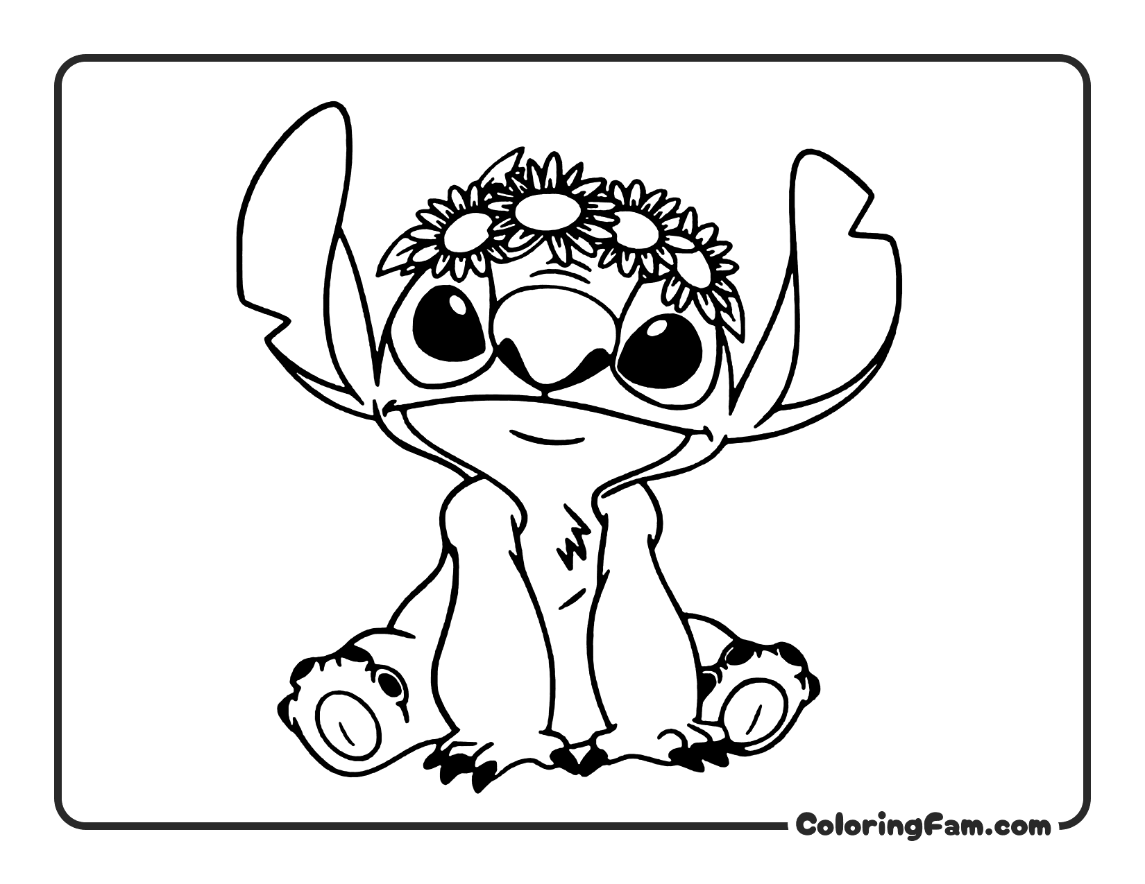 Stitch wearing a flower crown coloring page printable