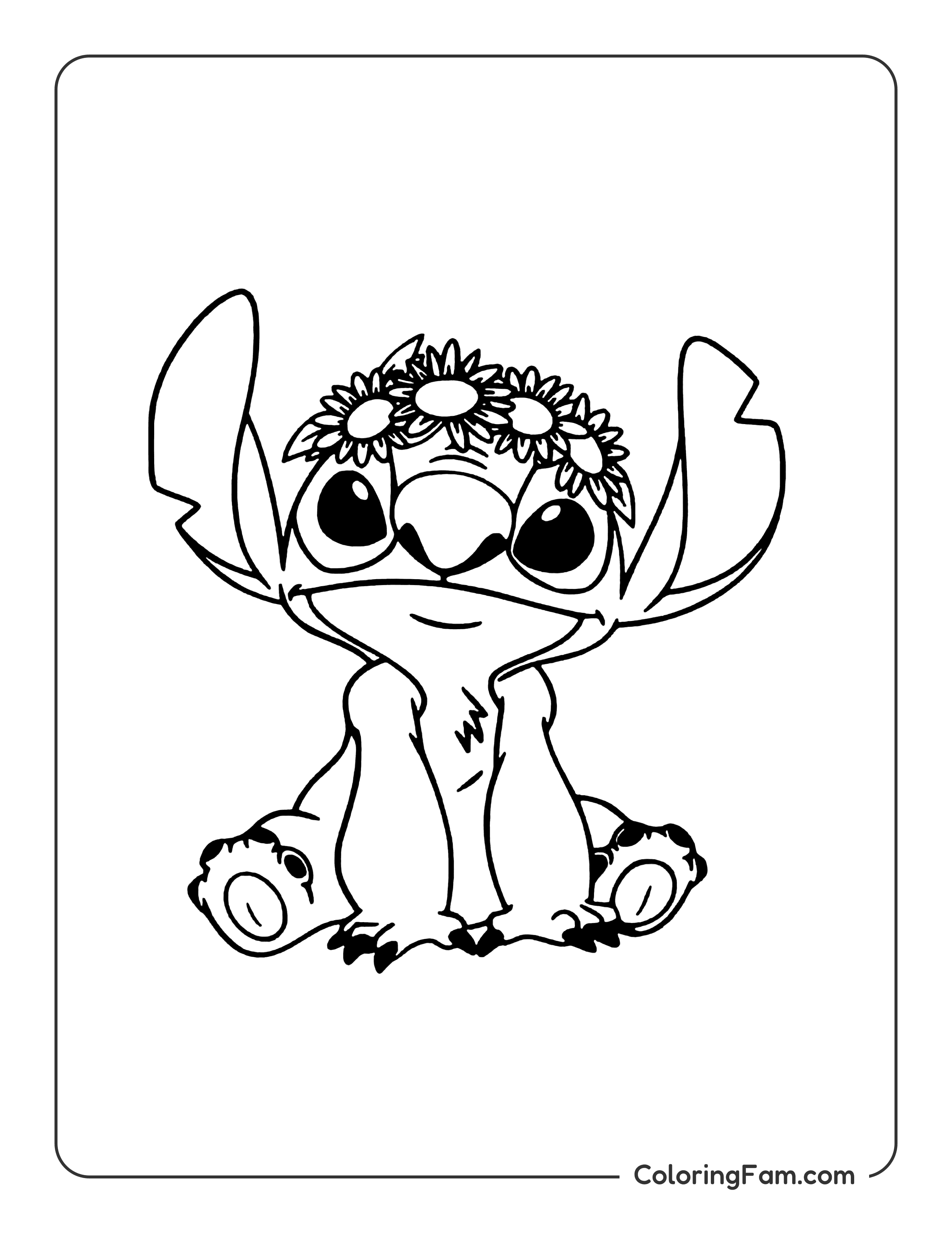Stitch wearing a flower crown coloring page printable