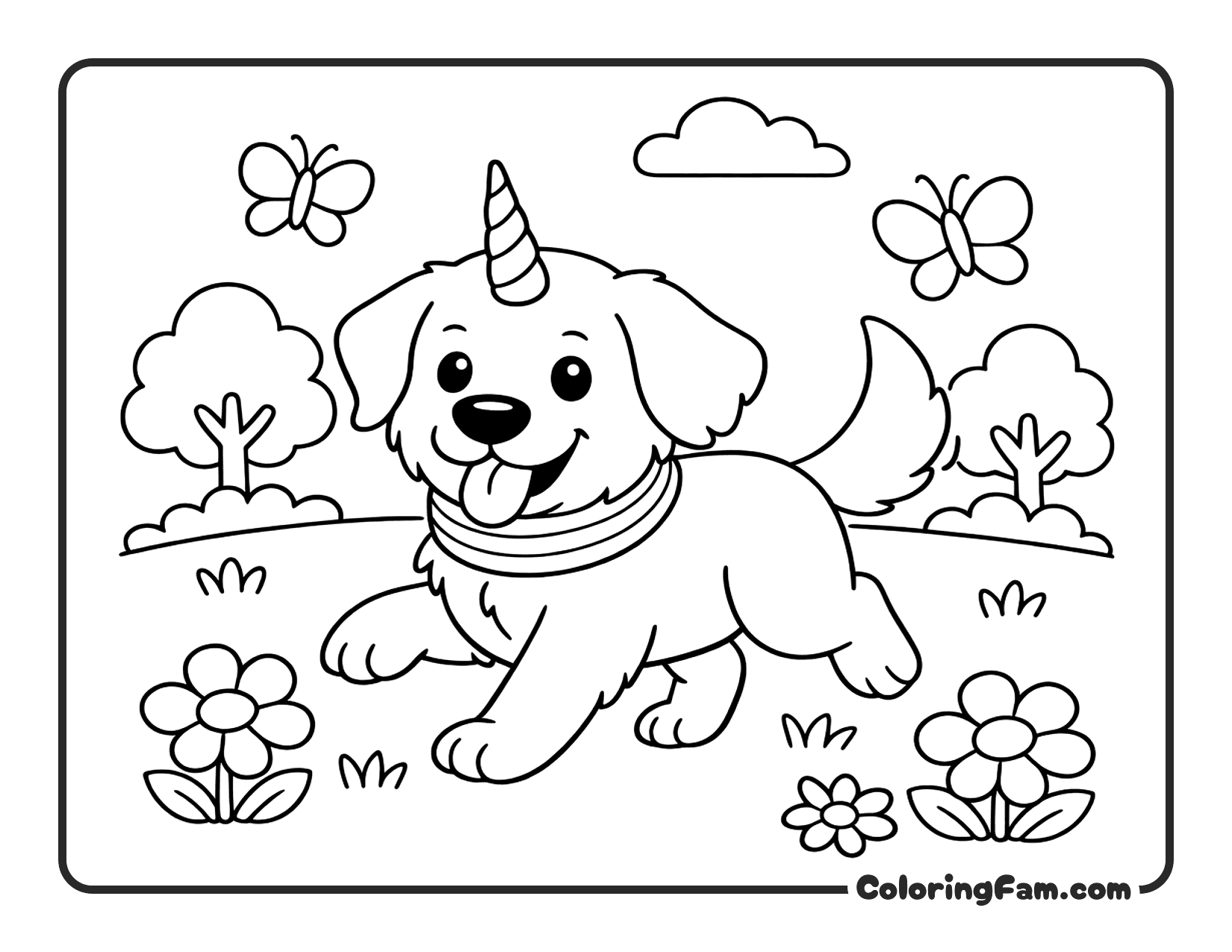 Dog Unicorn Running Garden coloring page