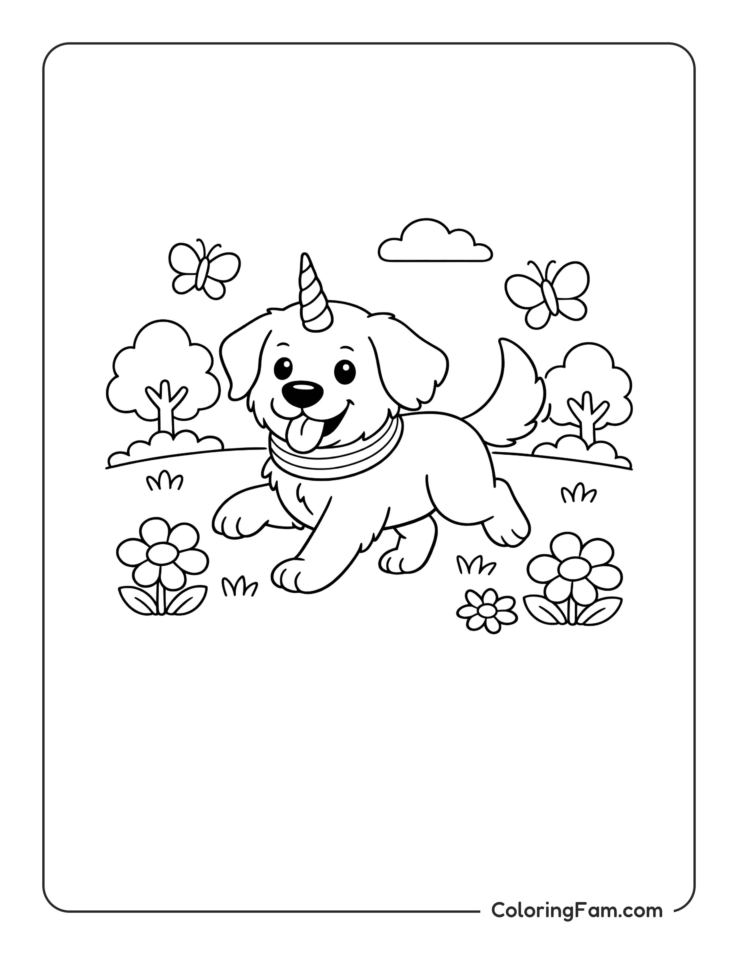 Dog Unicorn Running Garden coloring page