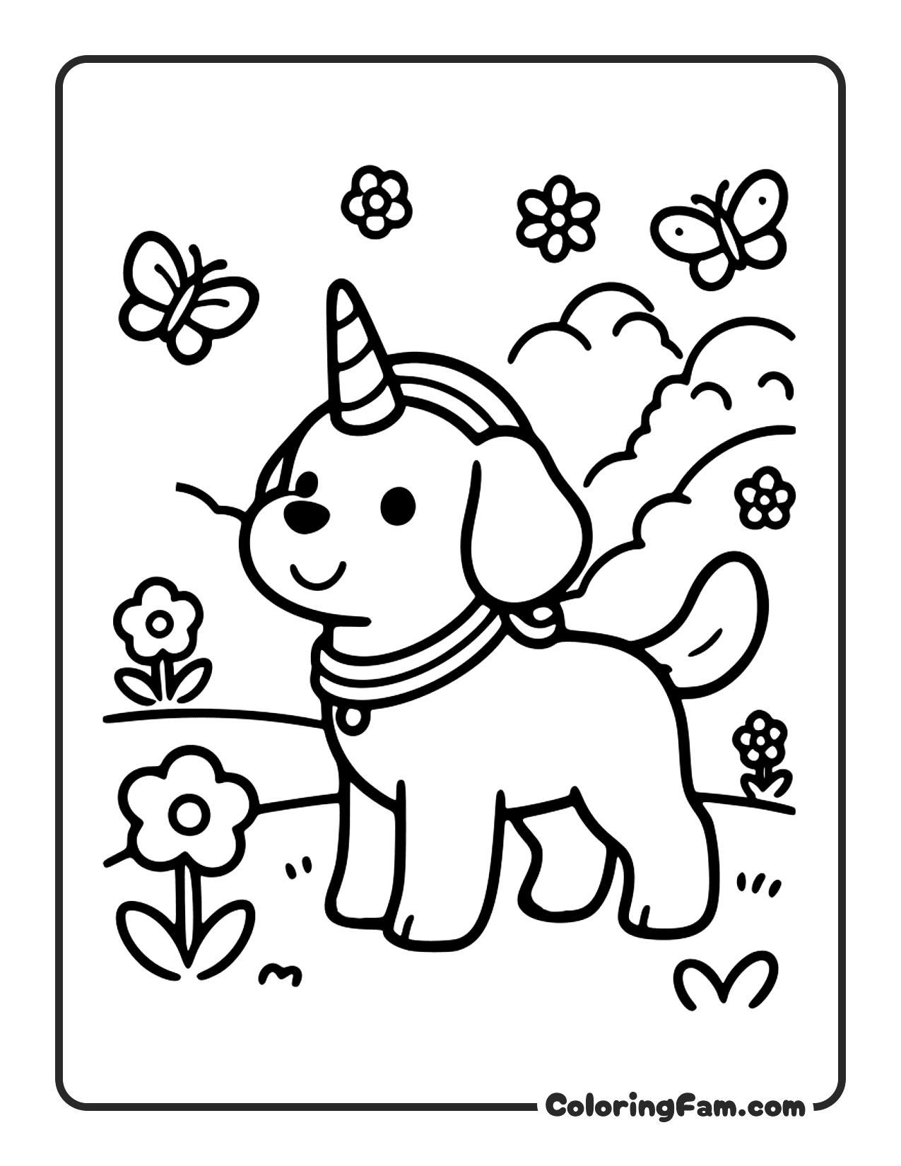 Dog Unicorn With Butterflies coloring page
