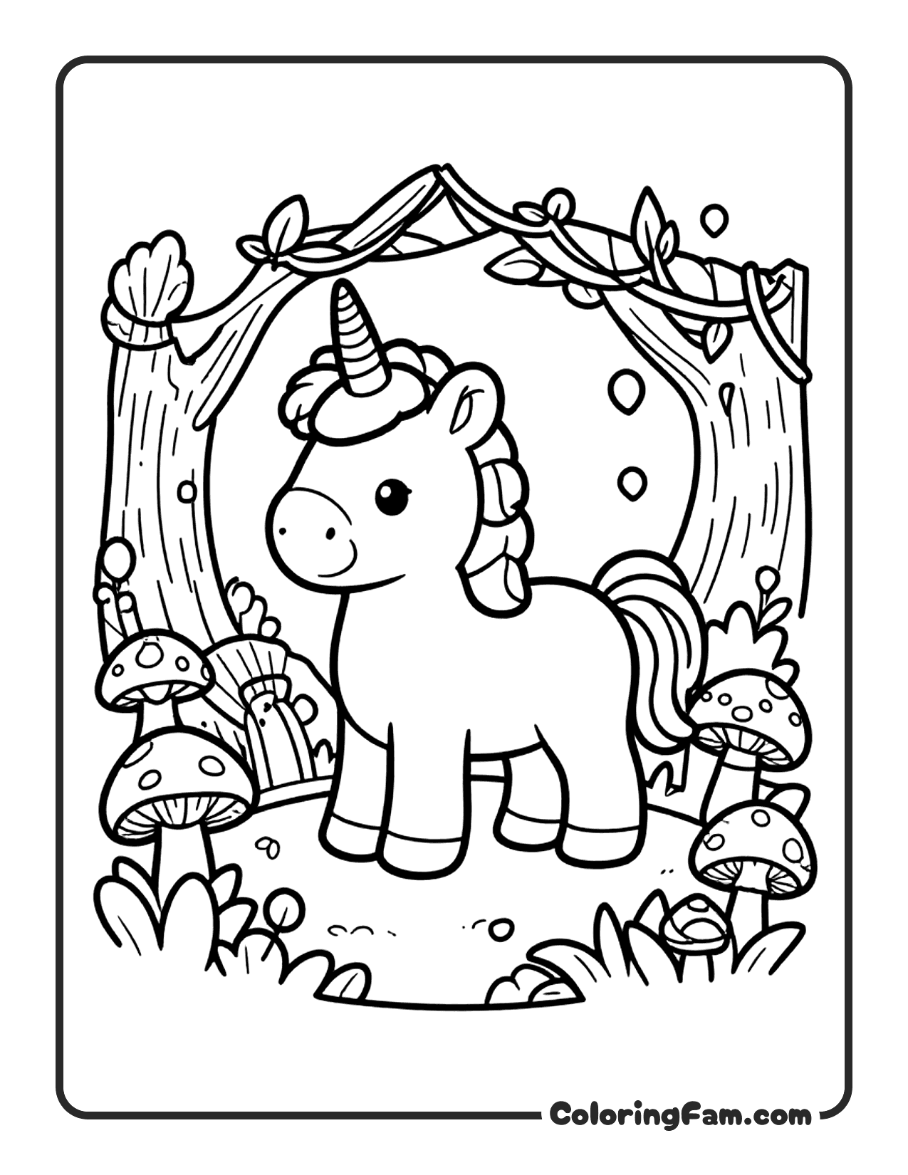 Unicorn Among Mushrooms coloring page