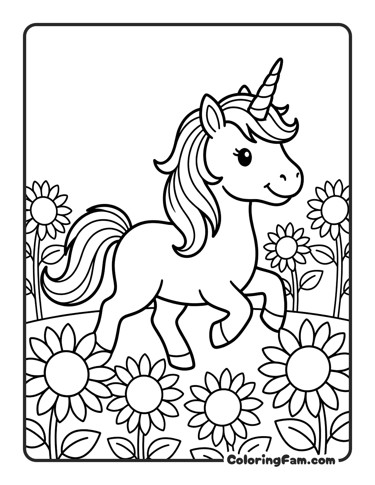 Unicorn Among Sunflowers coloring page