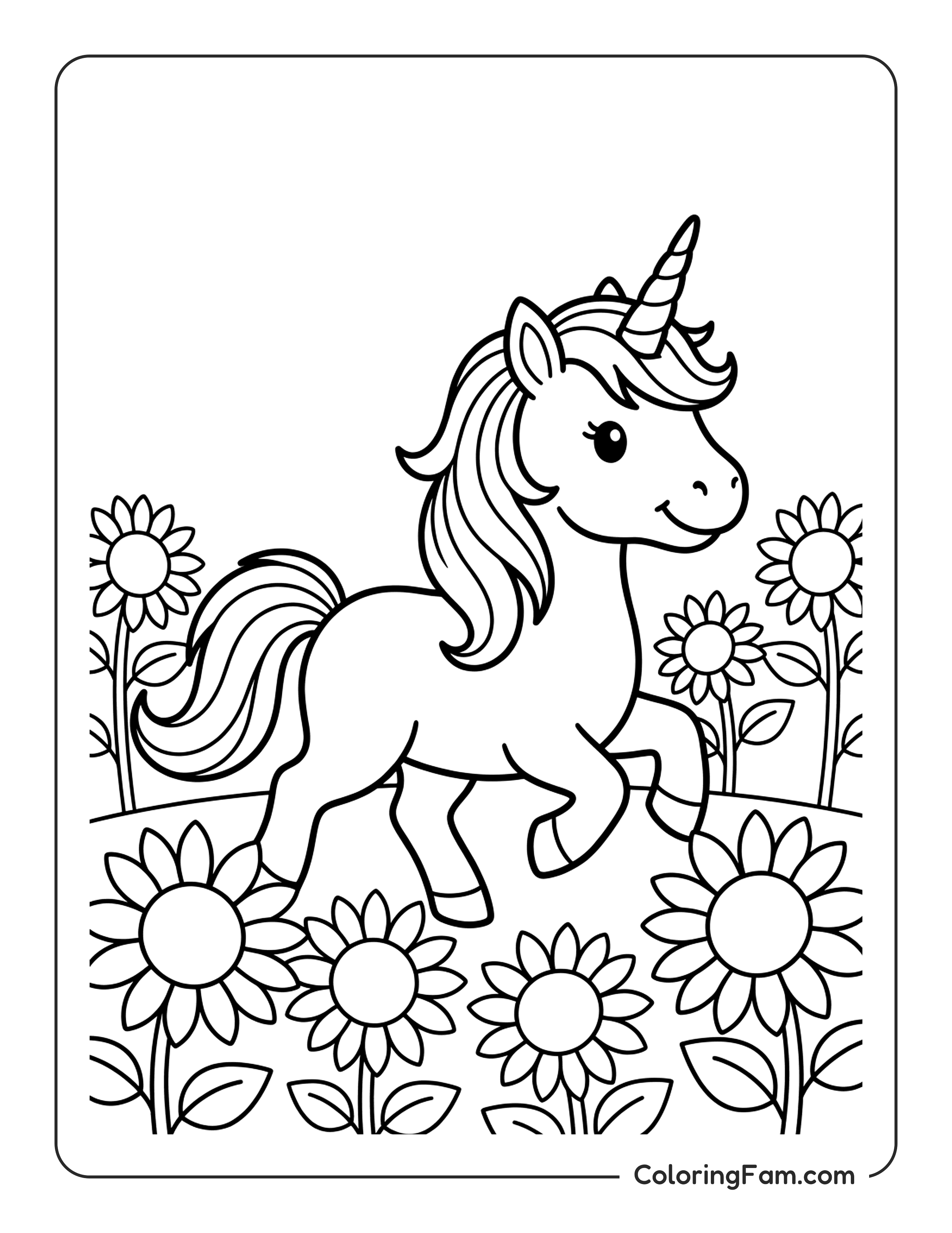 Unicorn Among Sunflowers coloring page