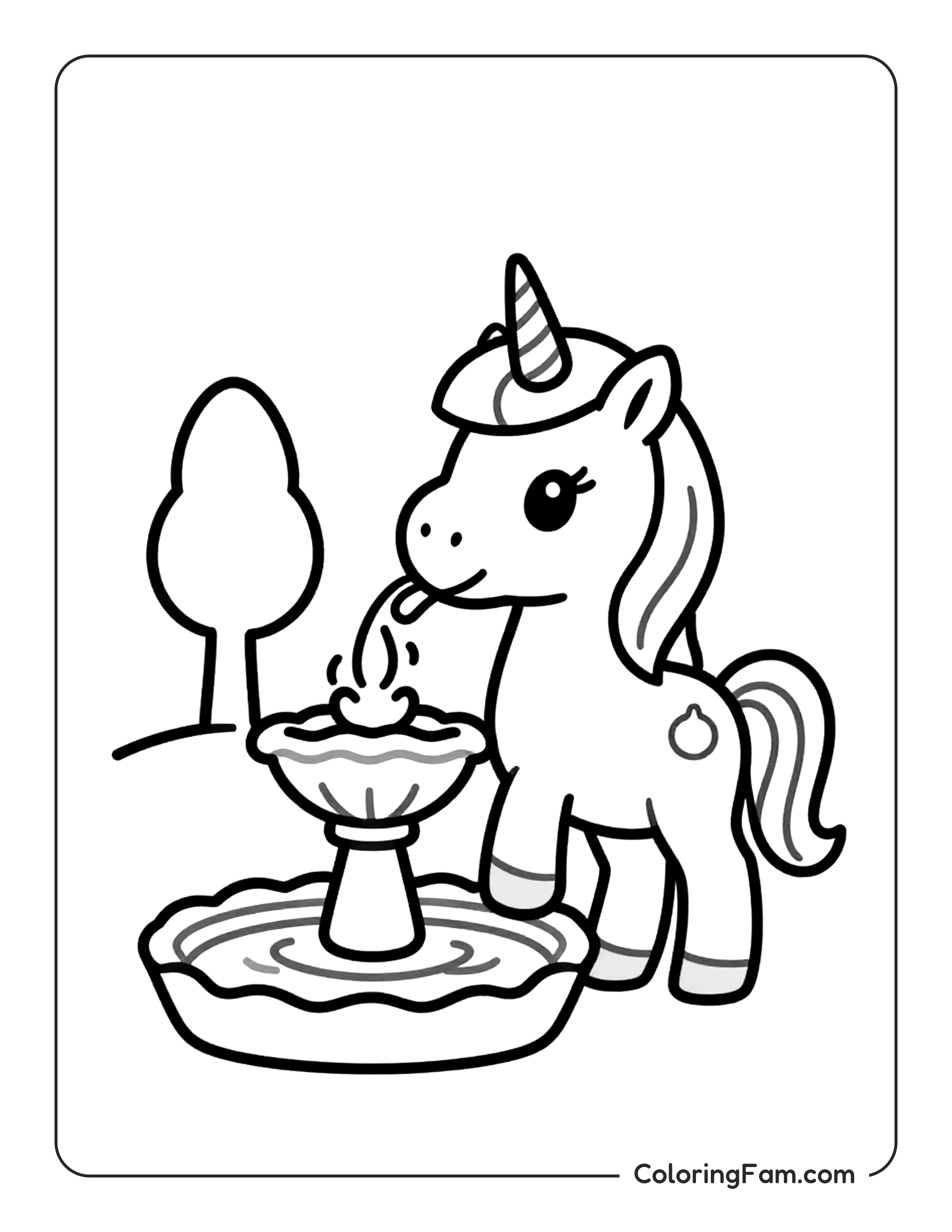 Unicorn Drinking From Fountain Coloring Page Coloringfam