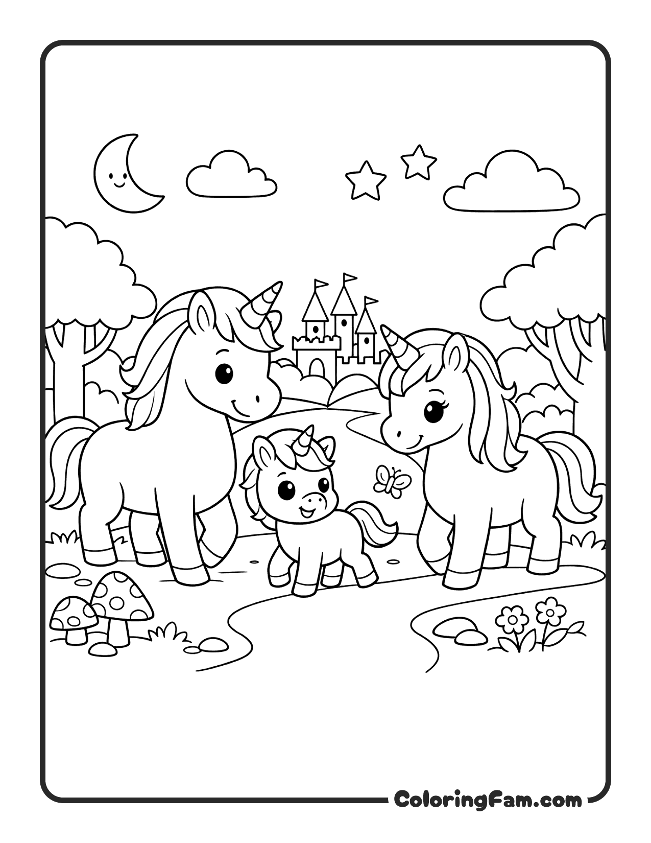 Unicorn Family Near Castle coloring page