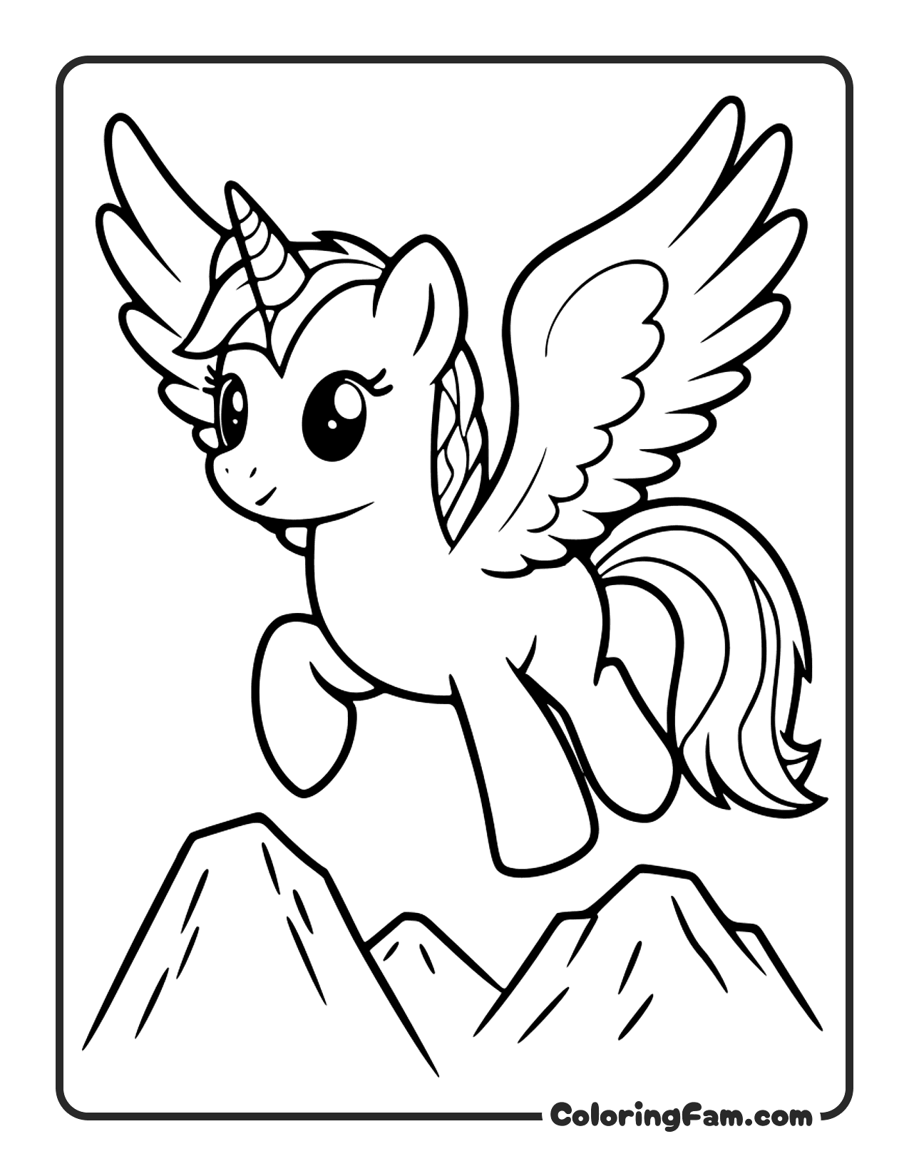 Unicorn Flying Above Mountains coloring page
