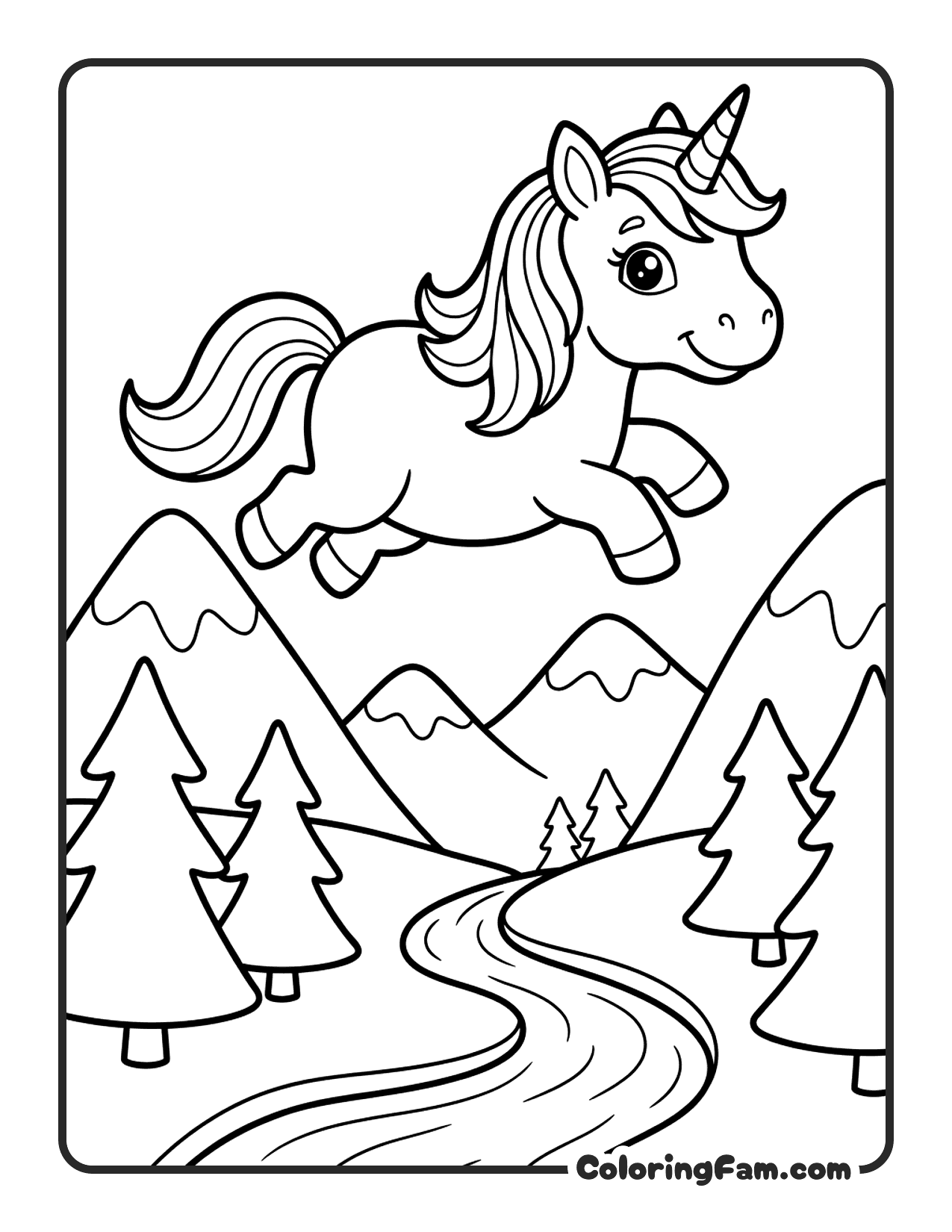 Unicorn Flying Above Mountains coloring page
