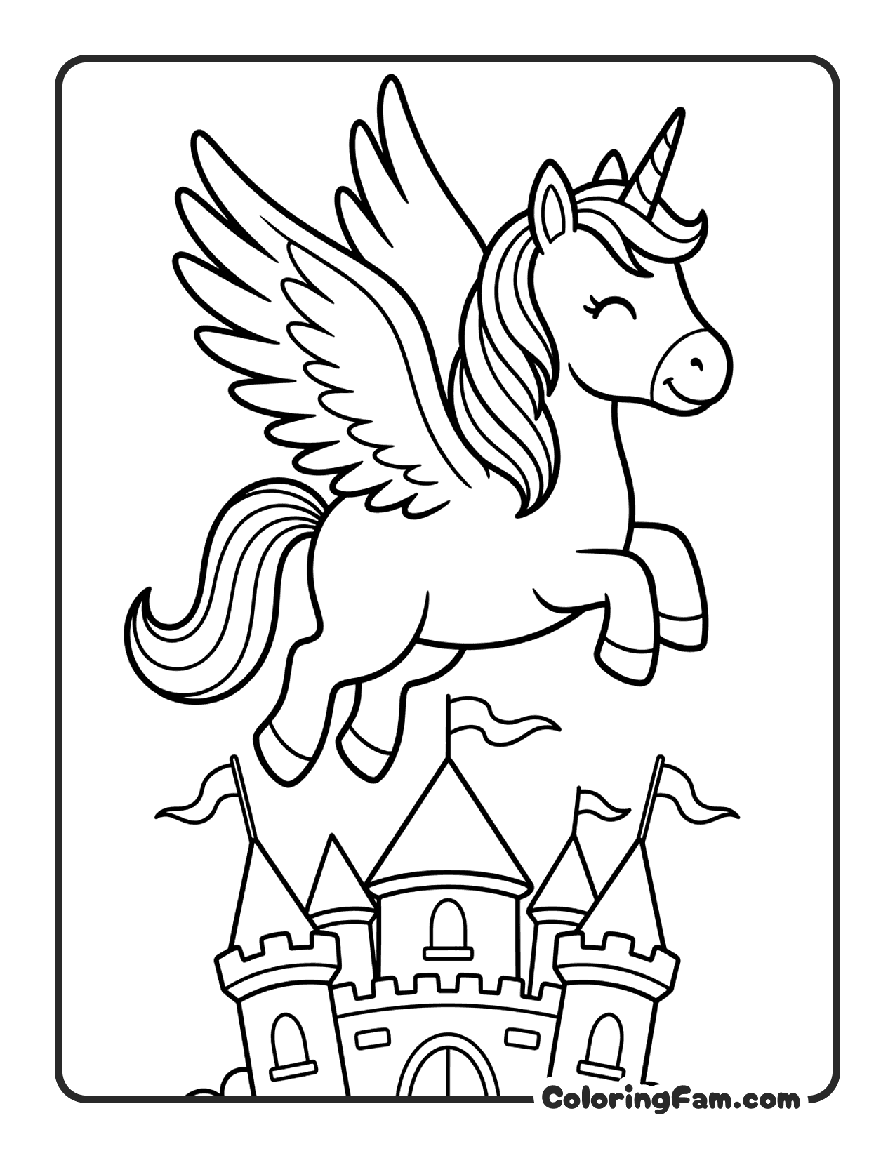 Unicorn Flying Over Castle coloring page
