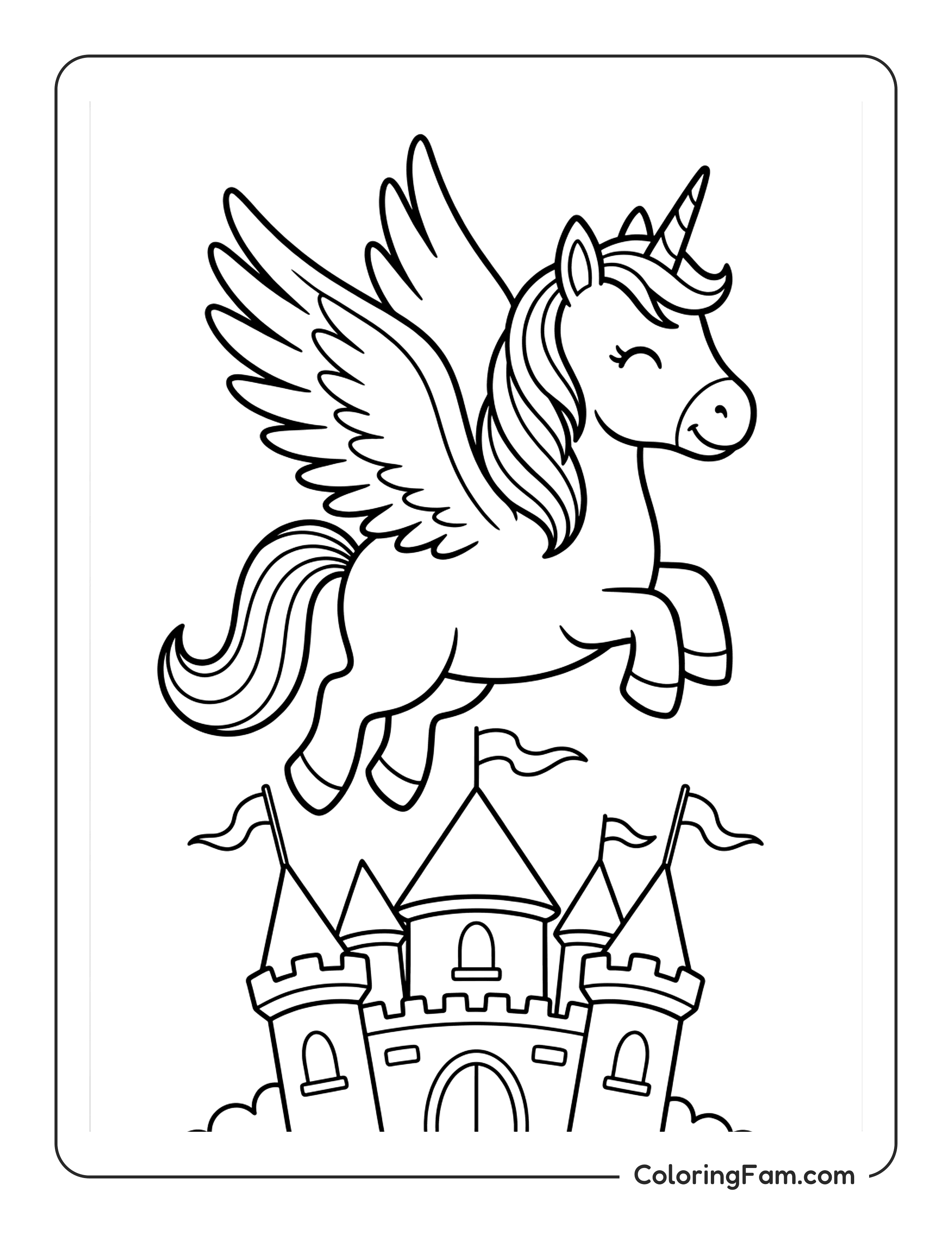 Unicorn Flying Over Castle coloring page