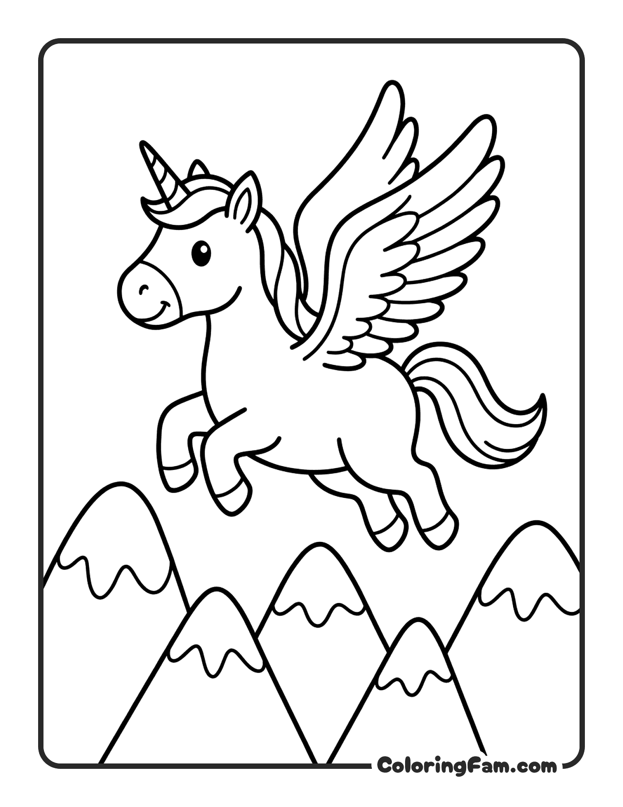 Unicorn Flying Over Mountains coloring page