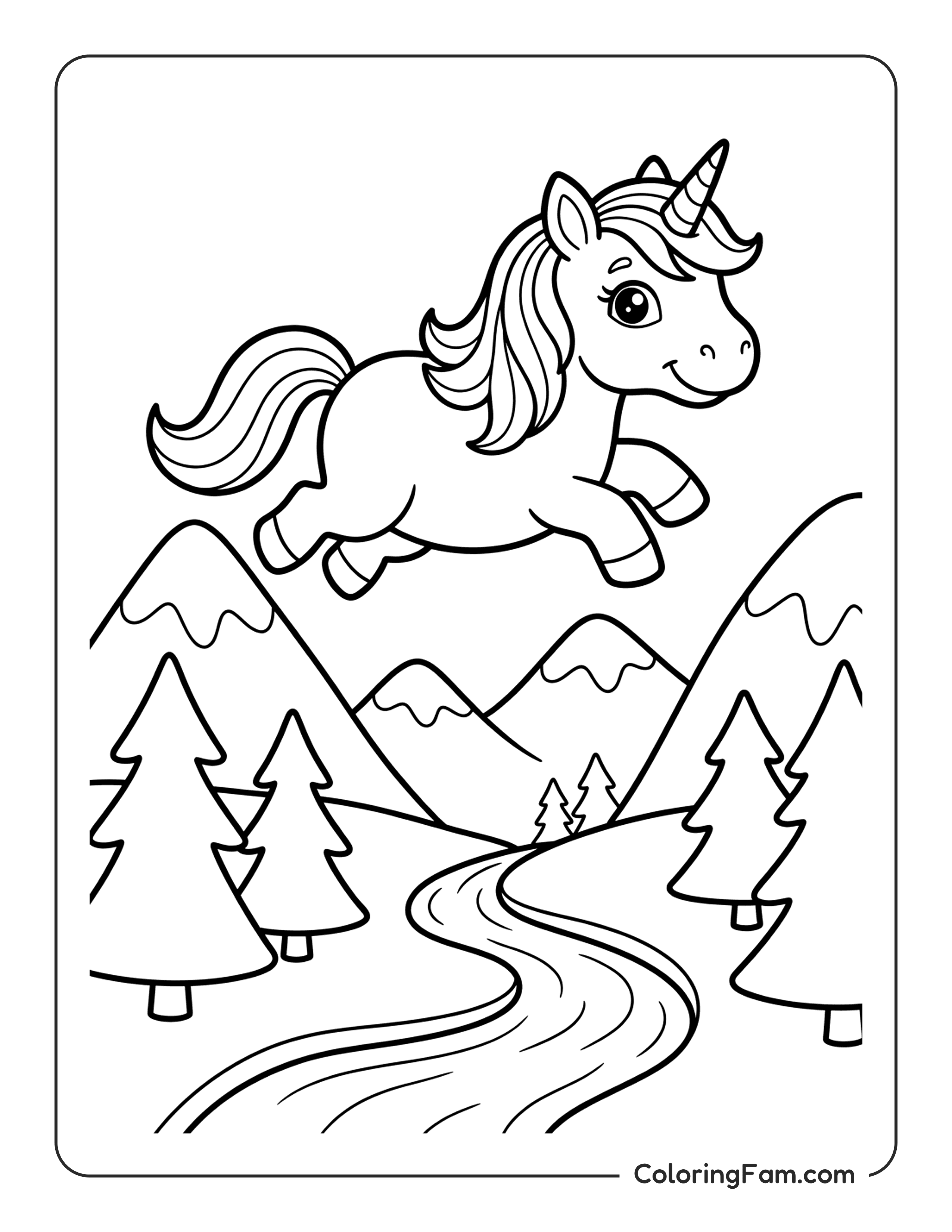 Unicorn Flying Over Mountains Coloring Page Coloringfam